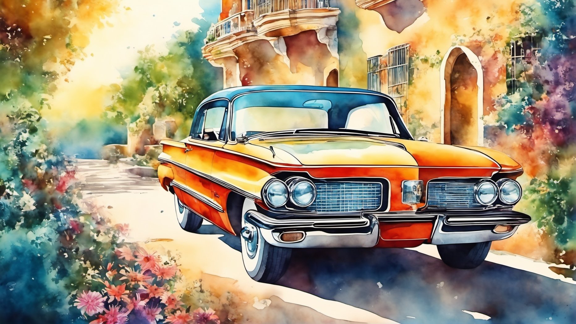 A scene of a classic car from the 60's T shirt design, watercolor, intricate detail, retro style, bright colors, light background, hand-drawn, 4K resolution, centered