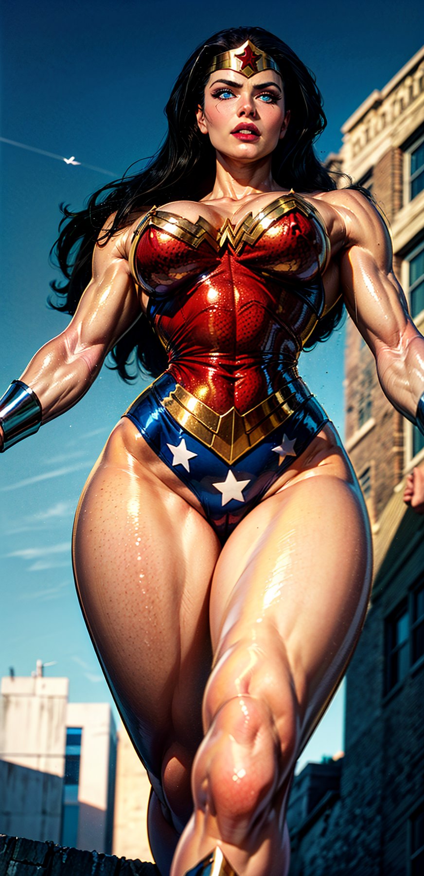 Wonder Woman, (Masterpiece), Best Quality, (Extremely detailed), (1Girl:1.4), ((beautiful blue eyes)), (black middle length wavy hair), Wonder Woman, (intricate details, makeup), (delicate and beautiful delicate face, delicate and beautiful delicate eyes, face with perfect proportions), (shiny skin: 1.2), delicate skin, strong and realistic blue eyes, realistic black hair, lips, makeup, natural skin texture, tiara, red and gold bustier, blue leotard with white stars, (silver Bracelets:1.2), red knee-high boots, golden belt, (Wonder Woman clothing:1.1), bare shoulders, ((light tanned skin:0.8)), mature, sexy, elastic muscles, (muscles: 1.2), ((strong and healthy body)), ((more) muscles))), cleavage, long legs, curves, (big breasts: 1.3), ribs, thin waist, soft waist, (delicate skin), (beautiful and sexy woman), (swollen lips: 0.9), (eyelashes: 1.2), very delicate muscles, perfect body, perfect anatomy, perfect details, perfect fingers, Perfect limbs, thigh gap, watercolor, professional, Bokeh, Decreased saturation, overlooking a (New York city skyline:1.2), overlooking a modern city, sky - high view, Sky view (on balcony), (City skylines view), ((night time:1.2)), ((from below:1.5)), ((flying:1.3)), (masterpiece, best quality), ,semi-realistic,dwarfoil,wonder2,2.5D, best quality