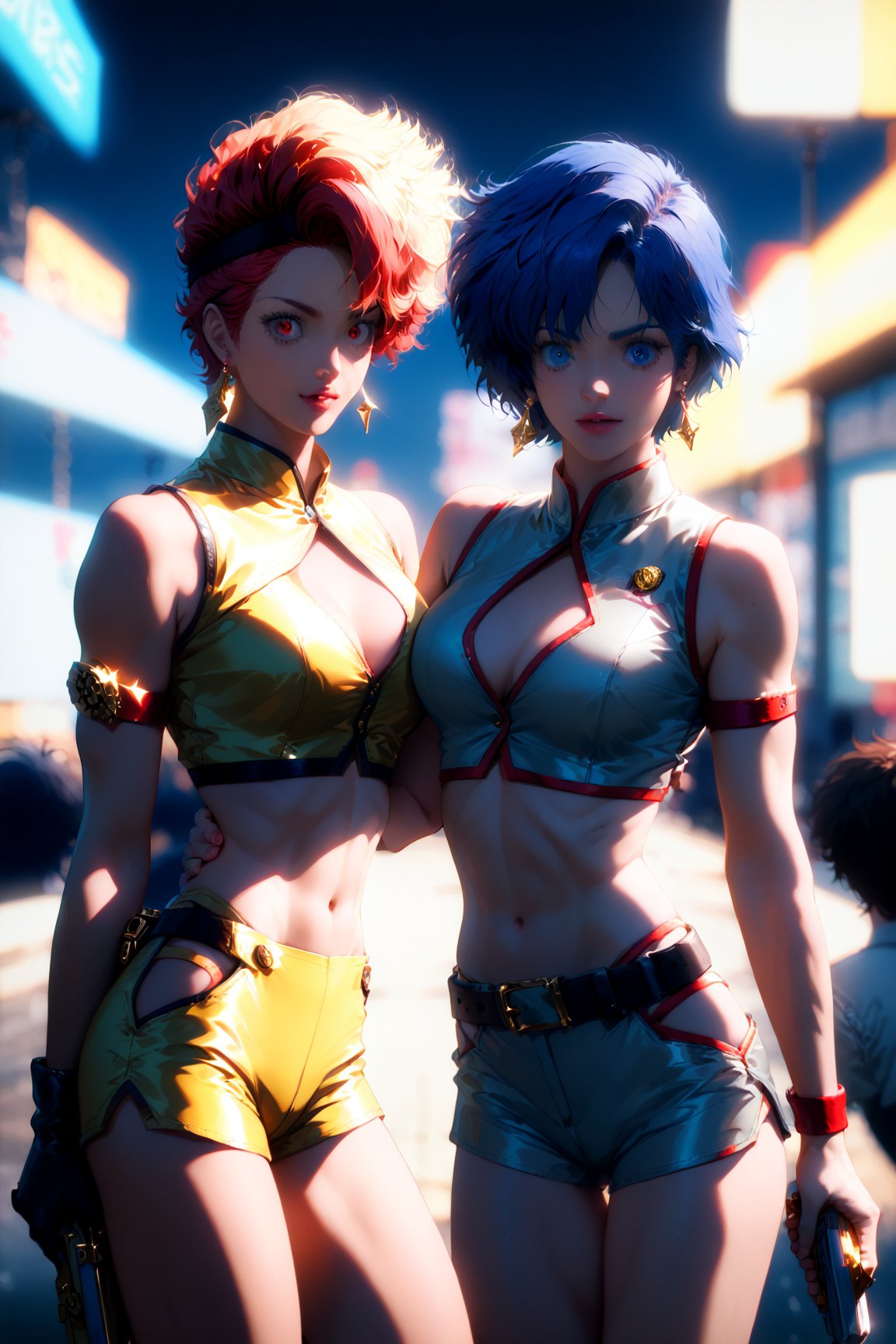 Best quality, Masterpiece, Ultra High Resolution, (Realistic:1.3), Comic city hunter style, 2girls, kei, dark skin, short hair, red hair, red eyes, hairband, earrings, jewelry, grey top crop, clothing cutout, single glove, wristband, armband, grey shorts, belt, Thigh Boots, grey footwear, dpyuri, pale skin, long hair, blue hair, blue eyes, yellow top crop, clothing cutout, yellow shorts, Boots, yellow footwear, (((holding pistols back to back:1.5))), rich and colorful, Japanese manga artist Tsukasa Hojo'style, depth of field, Overclocked Renderer, movie lights, ultra_fine, very detailed, complicated, cinematic perspective, cg art, realistic skin details, complex background, high quality, realistic lighting, professional photos, natural skin texture, very detailed and sharp focus, crazy details, intricate details, very detailed and bright cinema lighting, very delicate muscles, whole body, score_9,score_8_up,score_7_up,score_6_up,Hojo Tsukasa manga style