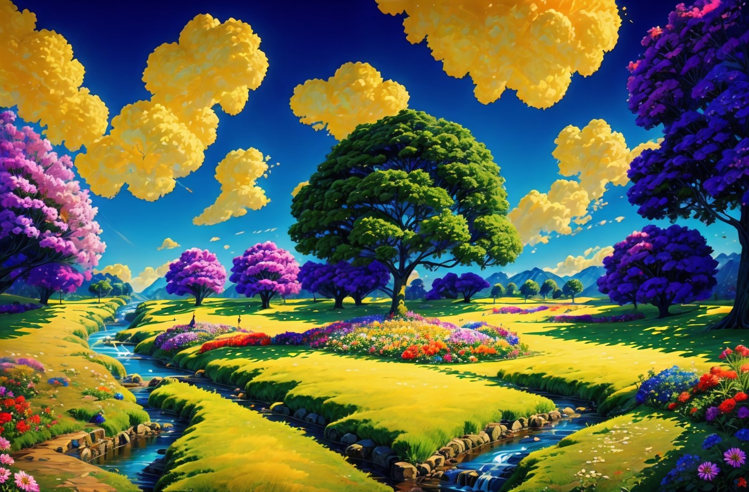 masterpiece, best quality, high quality, extremely detailed CG unity 8k wallpaper, An extremely colorful and purely fantasy environment with vibrant hues and a bright sky, landscape of bright green grass, colorful trees, glittering fruits, and bright blue flowers. The streams are a deep shade of blue, and the air is filled with sweet exotic scents. The environment appears to be taken out of a dream, with luminescent butterflies and giant colorful birds flying around, award winning photography, Bokeh, Depth of Field, HDR, bloom, Chromatic Aberration ,Photorealistic,extremely detailed, trending on artstation, trending on CGsociety, Intricate, High Detail, dramatic, art by midjourney,High detailed ,EpicArt,Color magic