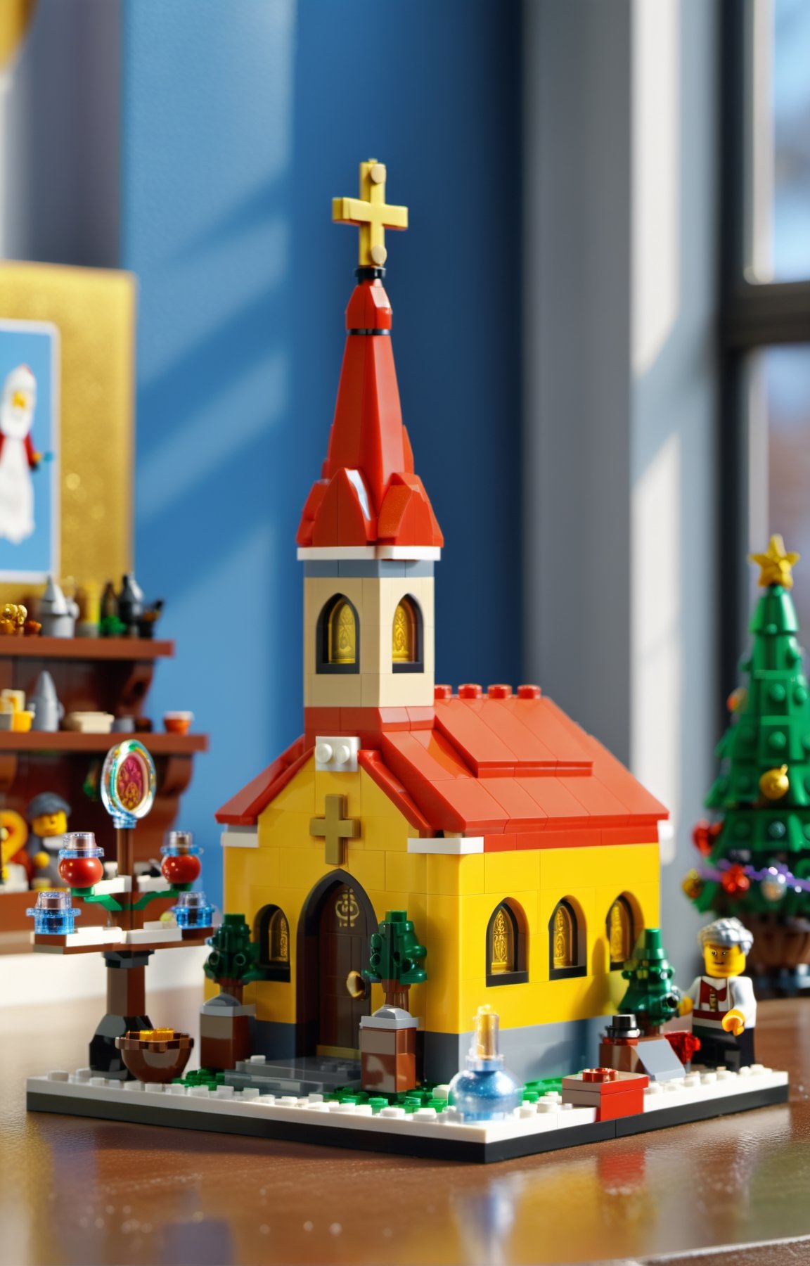 Lego brick scene, LEGO Creator, {a church made of LEGO, cartoon, disney style}, Surreal images, Christmas theme, Real-world scenarios, in 8k resolution,  Meticulous and minimalist environment, A highly detailed, Top  Quality, Artistic photography, Miniature scenes, cinematic texture , iOS 100, LEGO MiniFig, LEGO Creator,