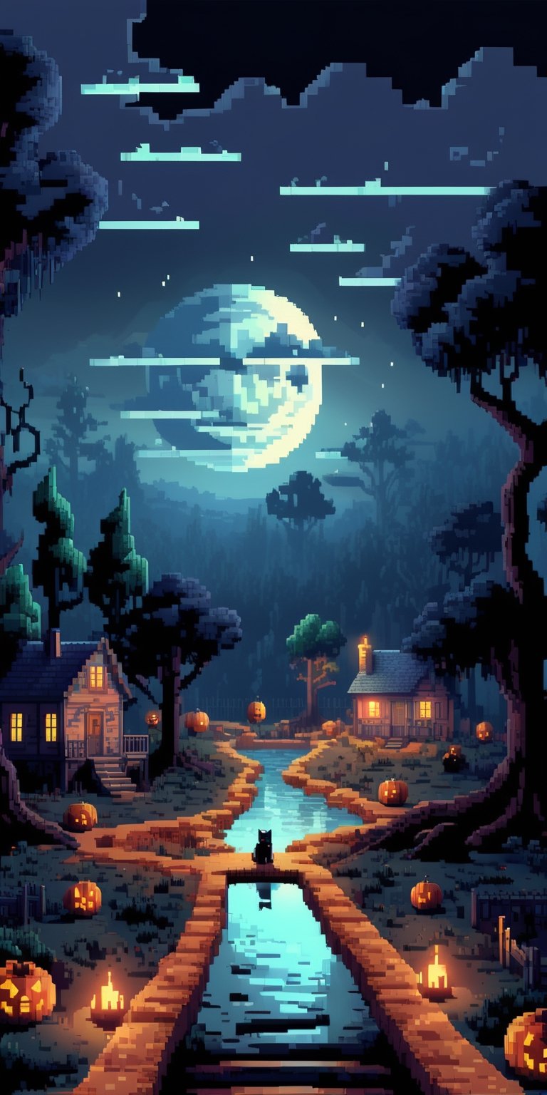 Pixel art spooky night scenes, 3D pixel art 4K wallpapers, Amazing pixel art details, Pixel art, Detailed Unreal Engine pixel art, Half-red moon sky, Spooky Night, Holloween theme,pixel style