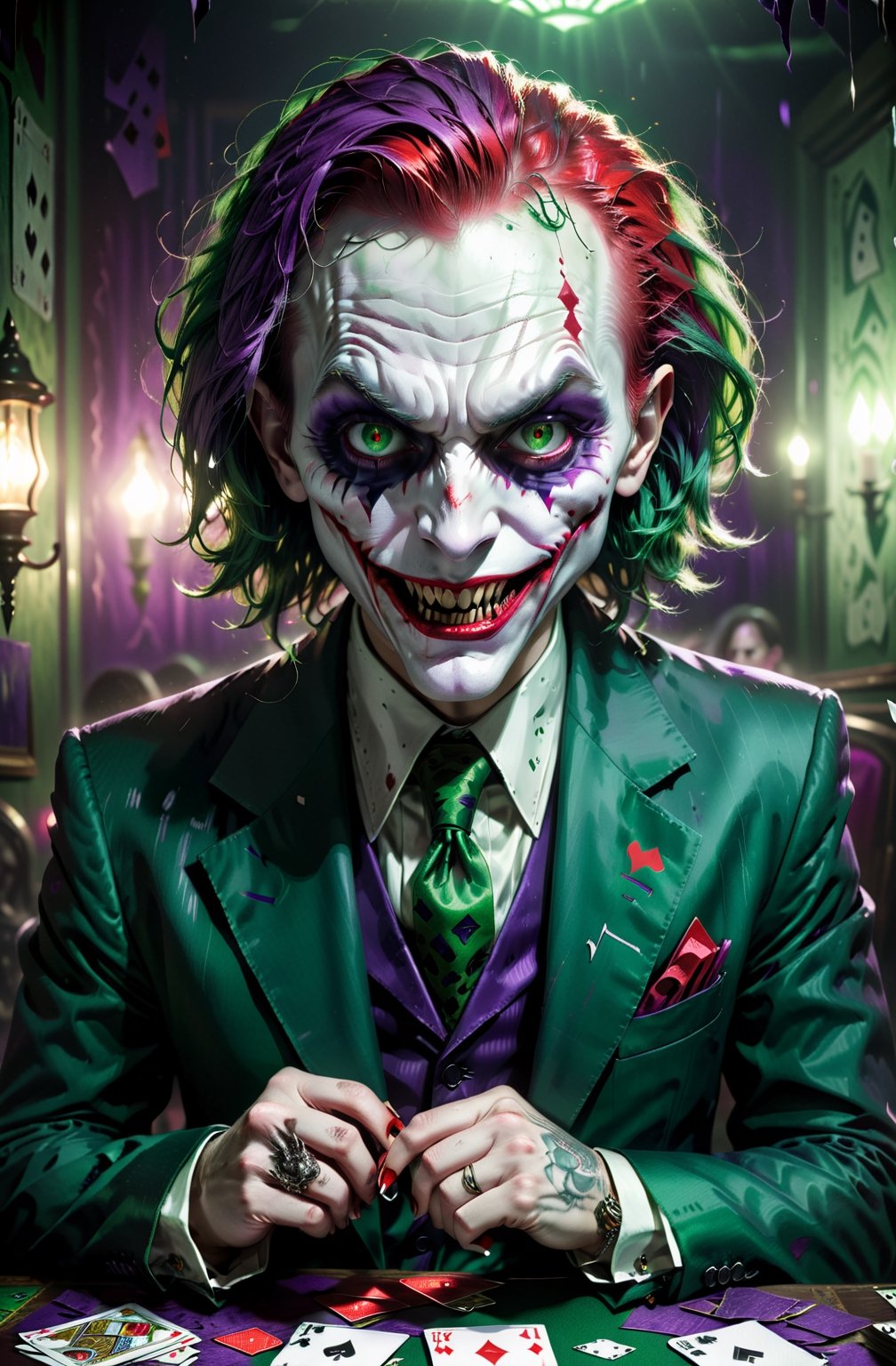 upper body image of joker,HP.lovecraft style,black and white,menacing atmosphere,bizarre expressions,emerald eyes,fangs,bloody red lips,disheveled green hair,distorted face details,long nose,ragged purple suit,tattered playing cards in the background,dark and eerie lighting,horror portrait,vivid contrast,HDR,high-res details,fear-inducing presence,otherworldly elements