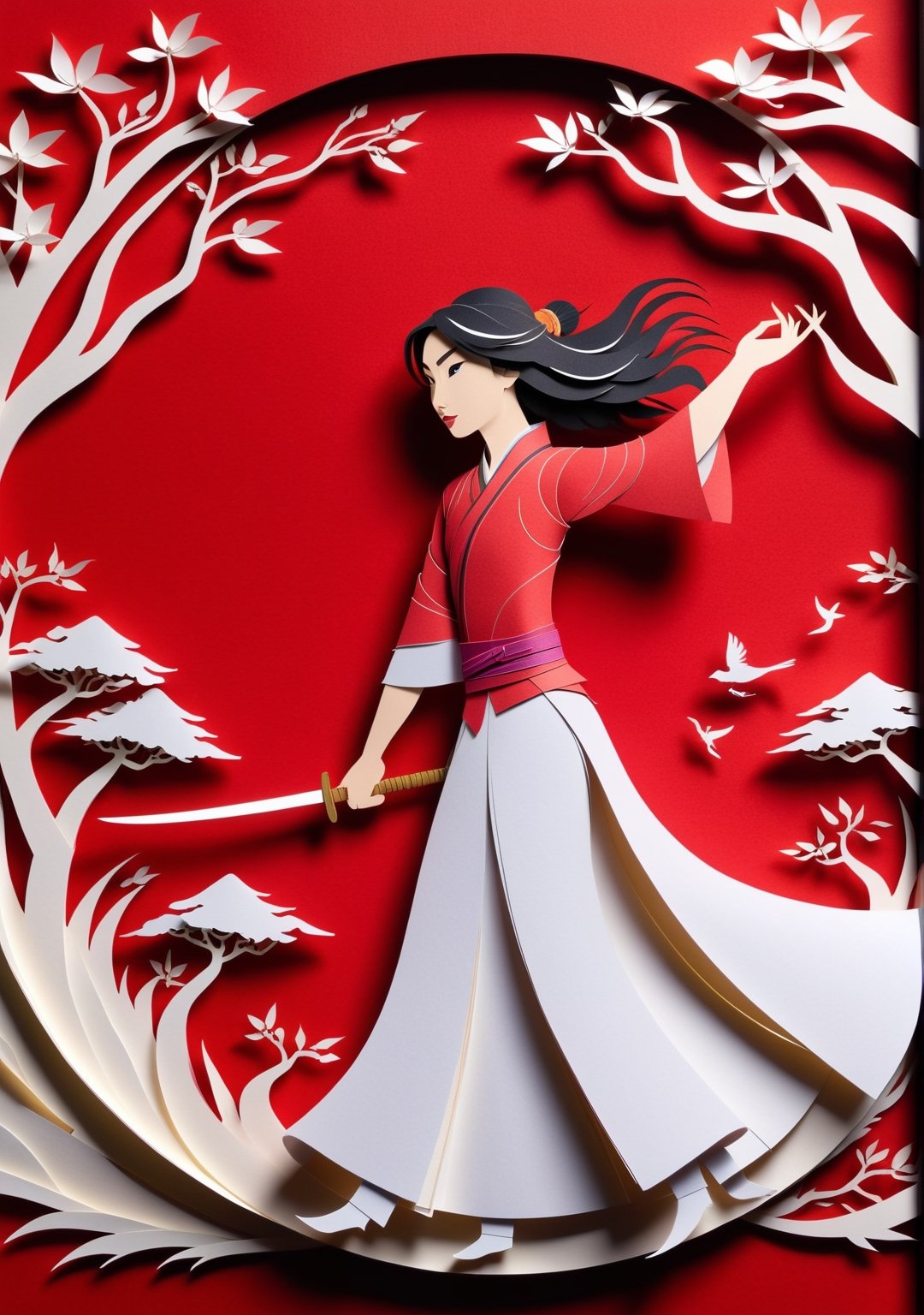 A mesmerizing paper-cut animation of the iconic tale of Mulan comes to life on the screen. Every delicate detail meticulously crafted out of paper unfolds before your eyes, showcasing the determined spirit of Mulan. The intricate paper scenes blend vibrant colors with the ancient art of papercutting, capturing Mulan's courage and determination as she goes against societal expectations to protect her family and honor. This enchanting animation captivates viewers with its exquisite precision and awe-inspiring artistry, immersing them in the compelling story of Mulan's heroic journey. (((Paper cutting art style))), high detail, high quality, high resolution, dramatically captivating, detailmaster2,Movie Still