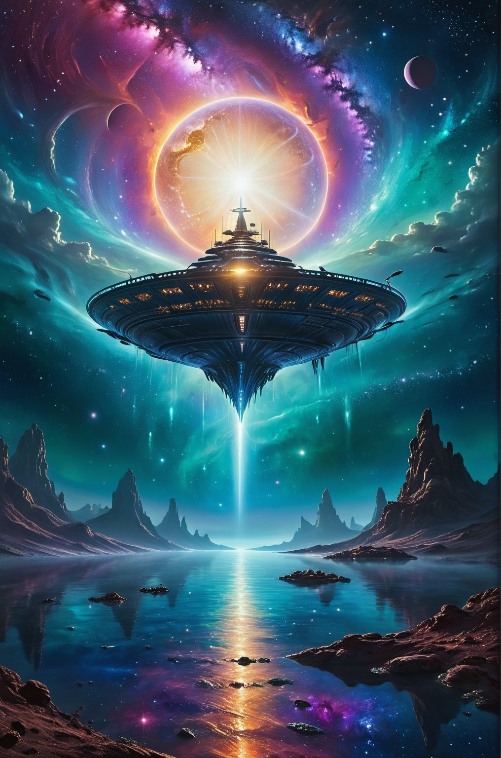 A mesmerizing astral desert, exploring the depths of the red night sky, gazes intensely into the void with eyes shimmering like stars. In the sky there is a winter planet glowing surrounded by six moons. On the right part of canvas there is small, white, rounded, futuristic, alien ship swimming in the night lake. shining starry underwater tree and plants. Ship face to sky. Two sailor warriors on bow watching the sky from ship. On left part of the night sky there is colordul starry galaxy carved in sky in the shape of a spread-wings bird. This concept art is a breathtaking digital painting. Beautiful and colorful Alien world. The image is a masterpiece of contrast, with the ship's ethereal figure illuminated by the glow of distant galaxies. The dark backdrop adds depth and mystery to the composition, evoking a sense of wonder and cosmic exploration. This high-definition artwork captivates viewers with its intricate details, vibrant color