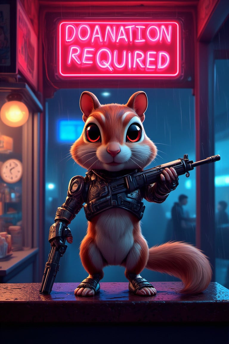 3d, Movie poster, large neon sign in the center reads "Donation Required", masterpiece, 4k, 8k, high quality, high detail, concept art, cybernetic cute chipmunk, red eyes. neon glow, robot chipmunk, one hand holding an AK, one foot metal, looking at the viewer, standing on the bar of a icecream shop, highly detailed, cyberpunk scene, rain falling, neon lights,