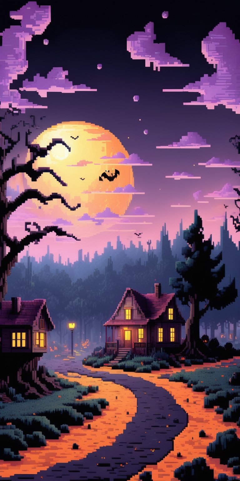 Pixel art spooky night scenes, 3D pixel art 4K wallpapers, Amazing pixel art details, Pixel art, Detailed Unreal Engine pixel art, Half-red moon sky, Spooky Night, Holloween theme,pixel style