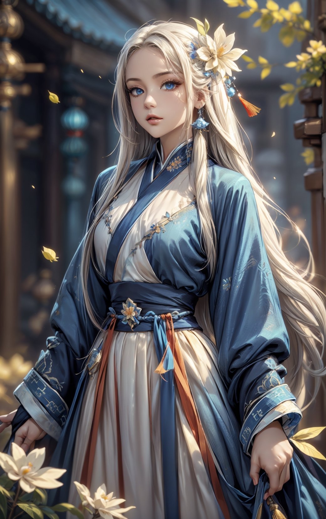 Highly qualified 8K style, HD, vibrant colors, 1girl, masterpiece, sharp focus, best quality, depth of field, cinematic lighting, {fantasy theme, Chinese style},1girl, long hair, white hair, blue eyes, masterpiece, best quality,chinese clothes, hanfu, long sleeves, blue dress, hair flower, blue flower,leonardo