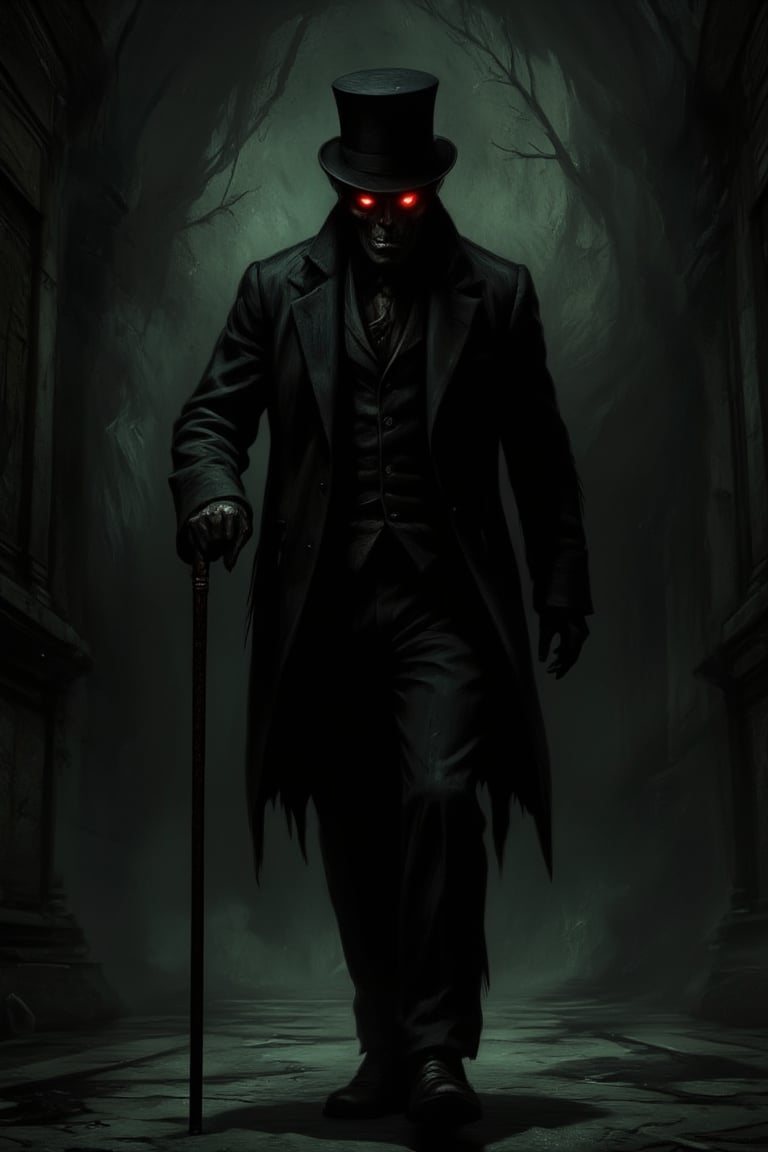 Masterpiece, professional, award-winning, intricate details, ultra high detailed, 64k, dramatic light, volumetric light, In the midst of darkness, a tall, slender figure emerges, dressed in an old, tattered suit. A slightly tilted top hat rests on the head. The face is nearly invisible except for two glowing red eyes that burn in the darkness. The figure holds a cane, tapping it gently on the ground with each step, the sound echoing hauntingly in the silence,ek_art_b00ster,anime,Hand,illustrated