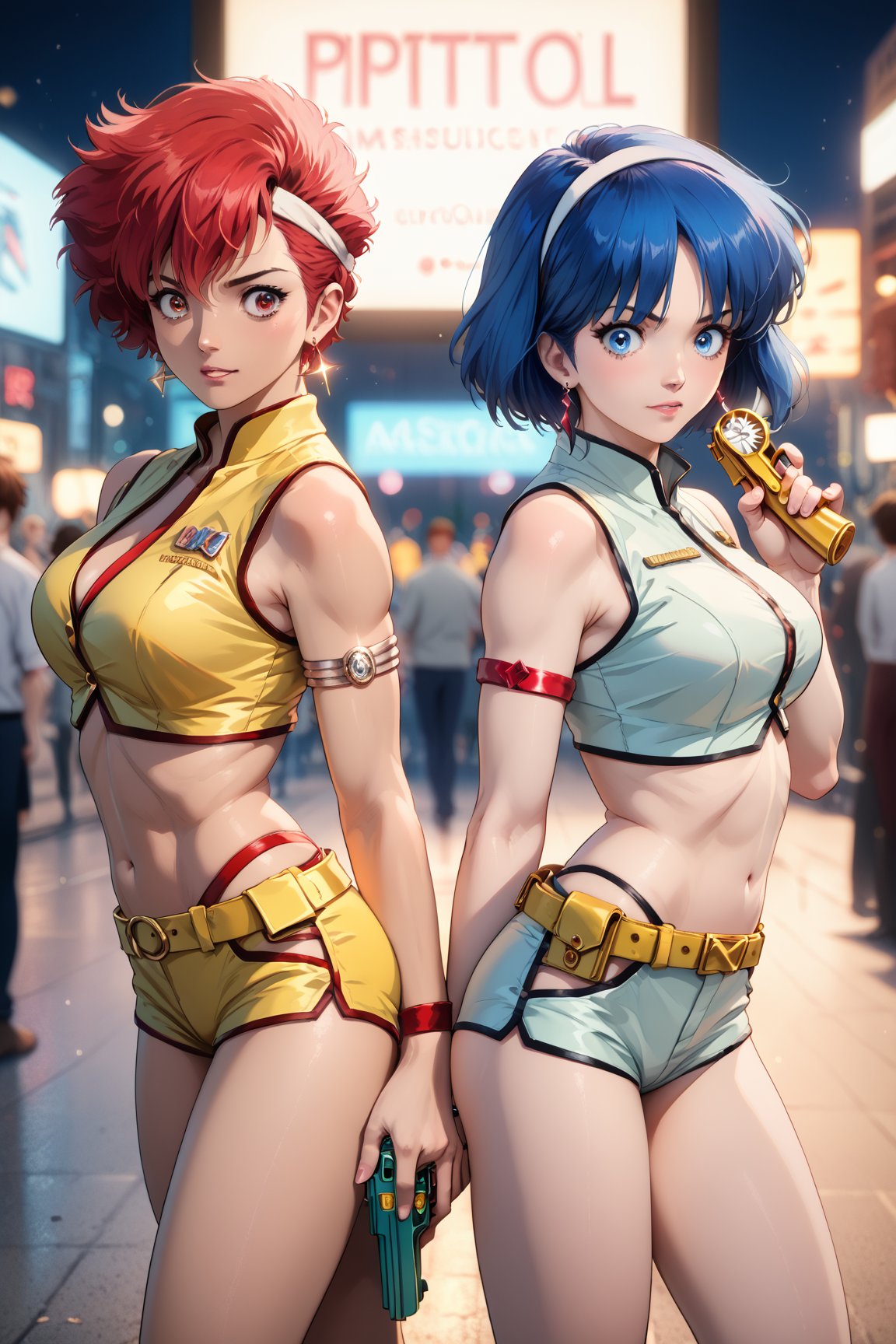 Best quality, Masterpiece, Ultra High Resolution, (Realistic:1.3), Comic city hunter style, 2girls, kei, dark skin, short hair, red hair, red eyes, hairband, earrings, jewelry, grey top crop, clothing cutout, single glove, wristband, armband, grey shorts, belt, Thigh Boots, grey footwear, dpyuri, pale skin, long hair, blue hair, blue eyes, yellow top crop, clothing cutout, yellow shorts, Boots, yellow footwear, (((holding pistols back to back:1.5))), rich and colorful, Japanese manga artist Tsukasa Hojo'style, depth of field, Overclocked Renderer, movie lights, ultra_fine, very detailed, complicated, cinematic perspective, cg art, realistic skin details, complex background, high quality, realistic lighting, professional photos, natural skin texture, very detailed and sharp focus, crazy details, intricate details, very detailed and bright cinema lighting, very delicate muscles, whole body, score_9,score_8_up,score_7_up,score_6_up,Hojo Tsukasa manga style,score_5_up,score_4_up,BREAK,source_anime