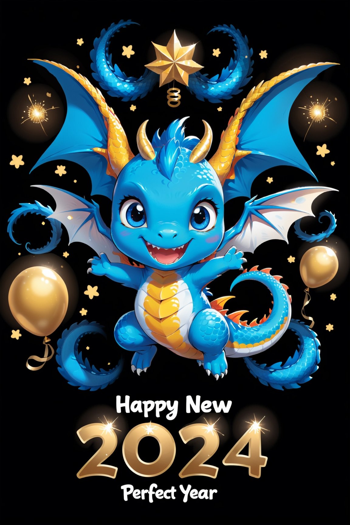 chibi, perfect-composition, Perfect pictorial composition, New Year theme, Hand-drawn simple illustration of a cute Oriental Blue Dragon flying, vector, full frame, out-zoom, black and white vector, black background. Simple style, Generate a banner with the text “Happy New Year 2024”,text logo,Text,thm style