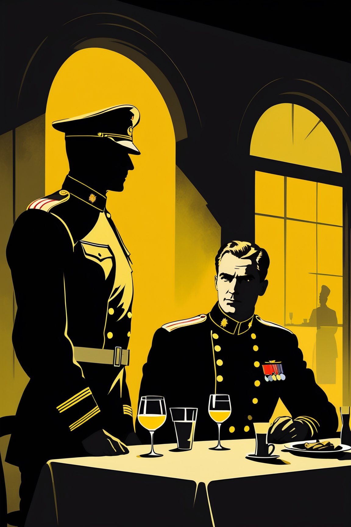 character silhouette, 2 men at a restaurant table, body in shadow, Soviet officer's uniform, dark night, dark yellow background,Flat vector art,pencil sketch