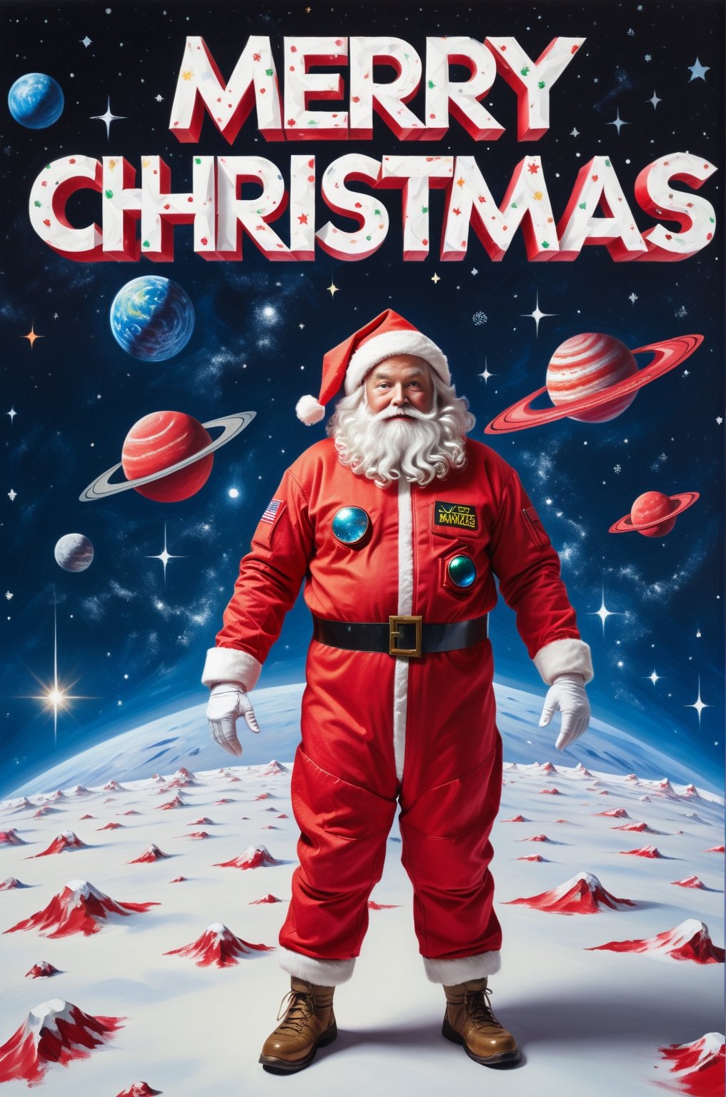 ("Merry Christmas" text logo: 1.3), Origami, dripping paint, ((Santa wearing red space-suits)) venturing into outer space to deliver presents to Aliens, full body portrait, wide scale lens, Text, aw0k magnstyle, ((Masterpiece))), Best Quality, light red painting, starry skies, (White background: 1.1), detailmaster2,Movie Still