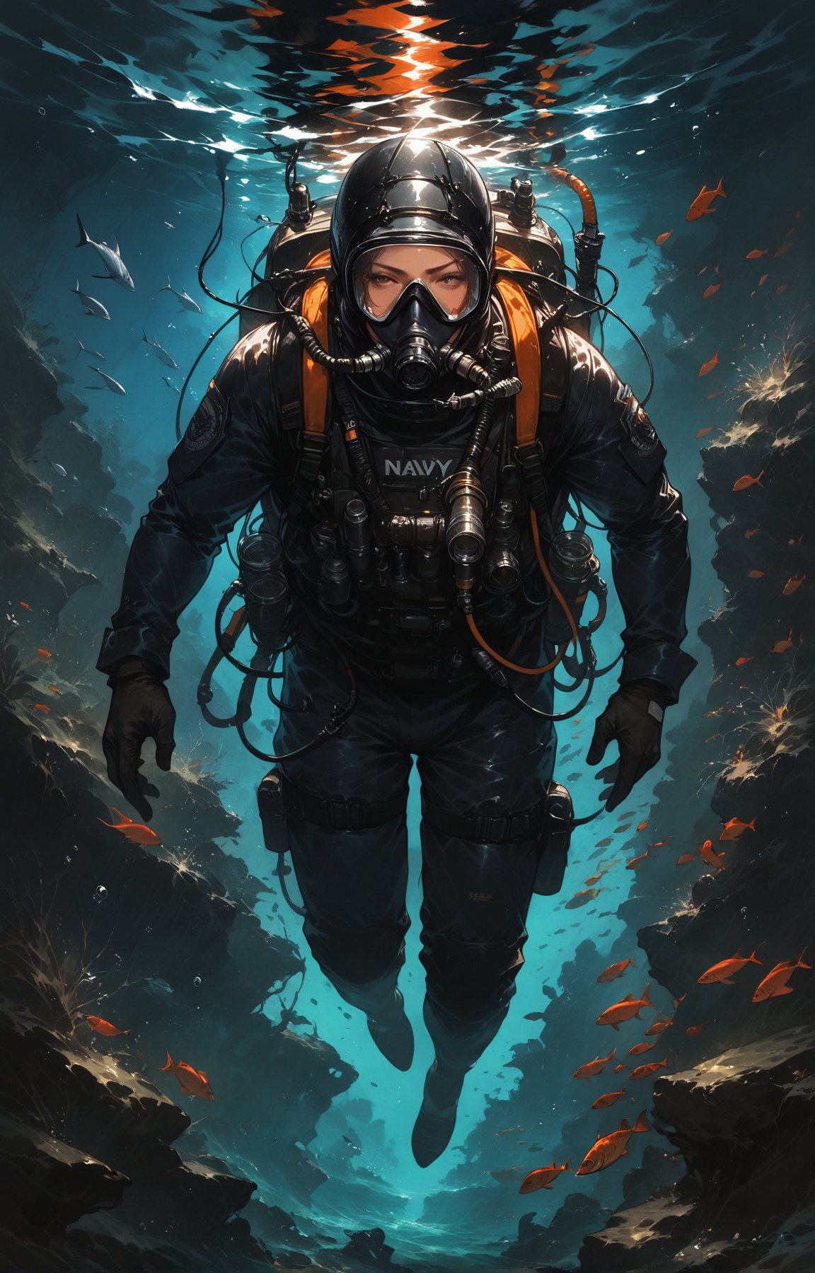 score_9, score_8_up, score_7_up, (Fidelity:1.2), (best quality, 4k, 8k, highres, masterpiece:1.2), ultra-detailed, (realistic), diving, 3divers, deep underwater, us navy, secret mission, group of military divers, military scuba diving suits, concept art, Best quality, Ultra High Resolution,l4rg33y3s,Expressiveh,dark theme