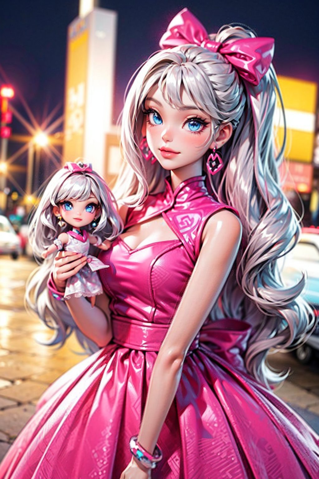 (masterpiece,best quality:1.2), 1girl, 3d render, light blonde hair, middle length hair, blight blue eyes, (((wearing detailed hot pink and silver lace patterned Versace dress with gems and sequins and stylized mandelbrot patterns))), pink sparkles, sprinkles, barbie pink color theme, barbie dolls house background, convertible pink cadillac parked on street, depth of field, daytime, ,3DMM,barbie