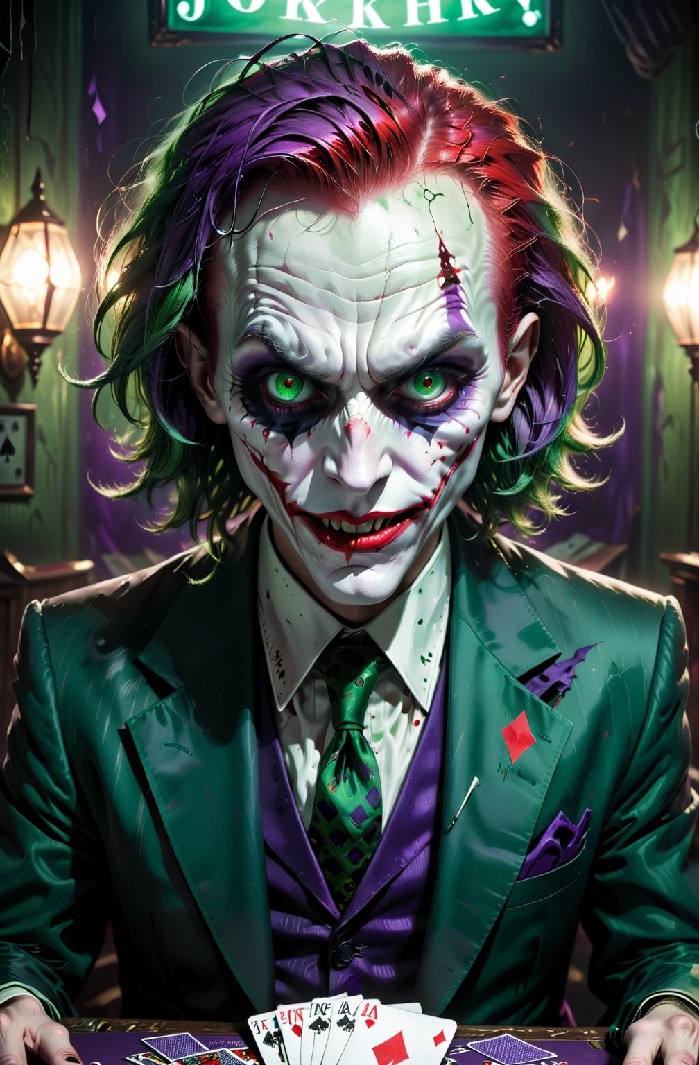 upper body image of joker,HP.lovecraft style,black and white,menacing atmosphere,bizarre expressions,emerald eyes,fangs,bloody red lips,disheveled green hair,distorted face details,long nose,ragged purple suit,tattered playing cards in the background,dark and eerie lighting,horror portrait,vivid contrast,HDR,high-res details,fear-inducing presence,otherworldly elements