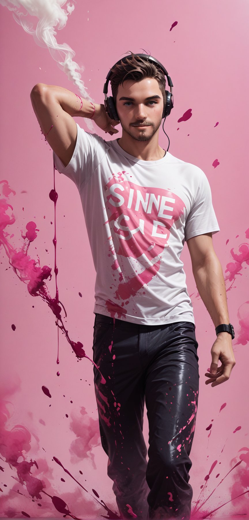 (masterpiece, best quality:1.4), Man in white T-shirt and headphones, dancing, Image with black and pink background, Futuristic graphic effects, Immersive 4K cinematic images,smoke,ink smoke,ink smoke background, score_9,score_8_up,score_7_up,score_6_up,art_booster