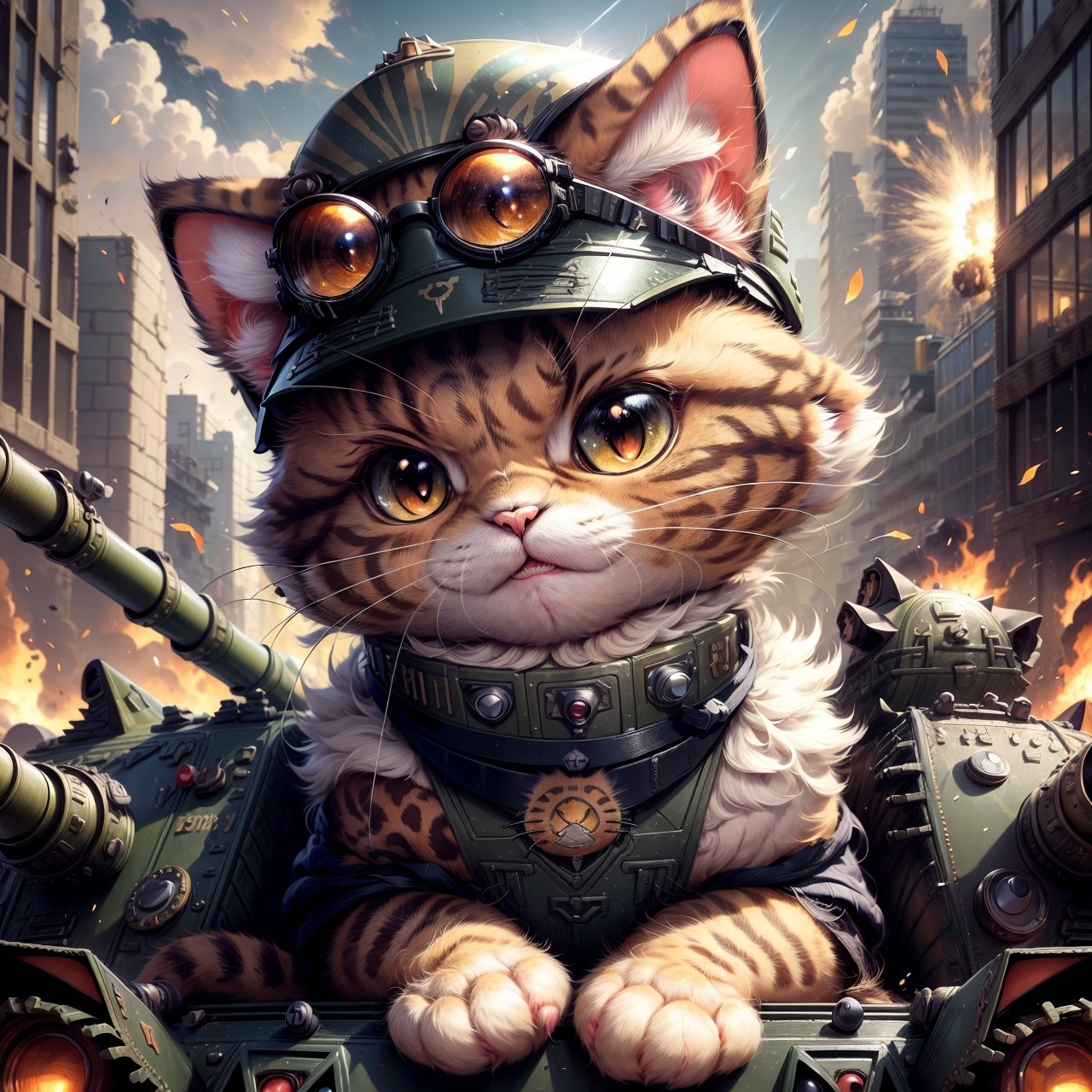 anime, masterpiece, best quality, absurdres, highres, ultra detailed, ((cat on a tank:1.3)), cute, round eyes, cat wears sunglasses and a military cap, city, (explosion:1.2),cat