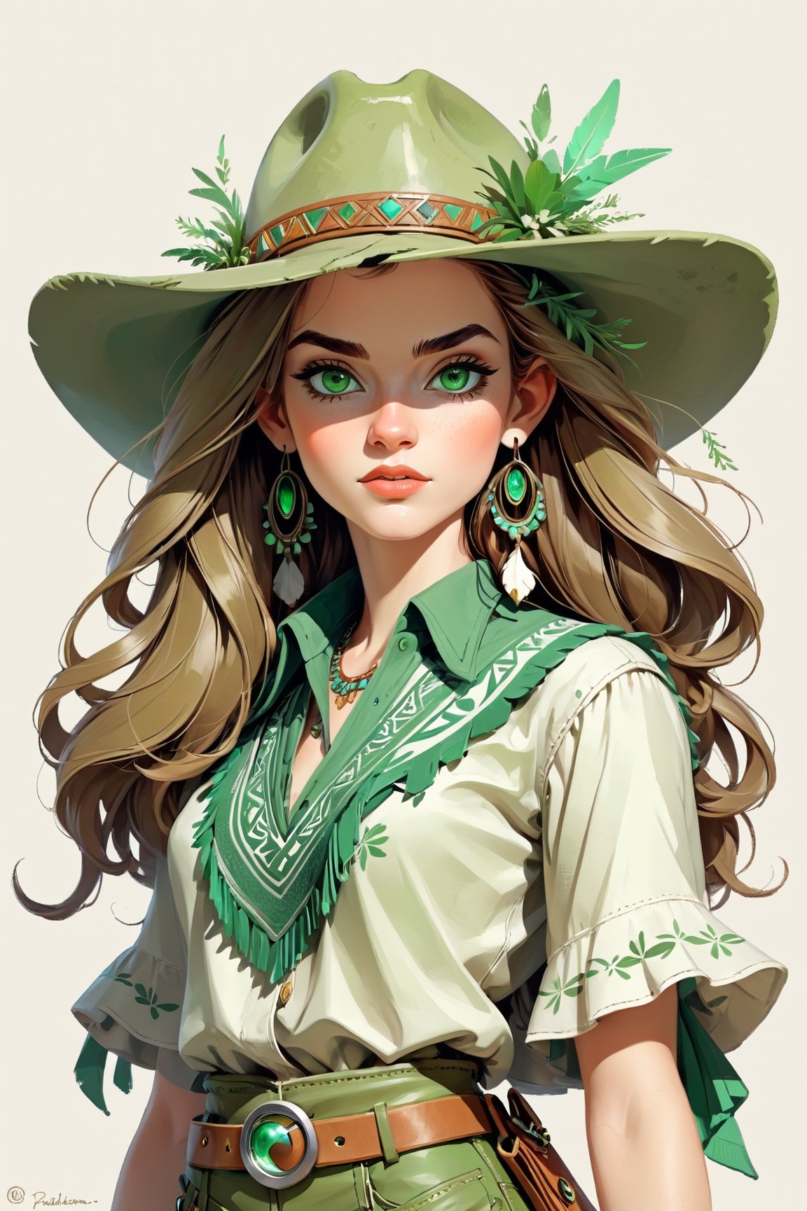 Attire the INFP in a bohemian-inspired outfit with touches of earthy green. Her eyes, a soft shade of green, should reflect the creativity flowing from within as she passionately writes and sketches, insane Details, Greek Mythology Style, Trending on artstation, photoshop, illustrator, 100k, digital art, professional portrait, Magnificent, Playful, Chic Modernist, Laser Printed, cow-boy shot, Game engine rendering, Grainy, Print, khaki colors, Grandmillenial, spectrography lighting, Studio quality,