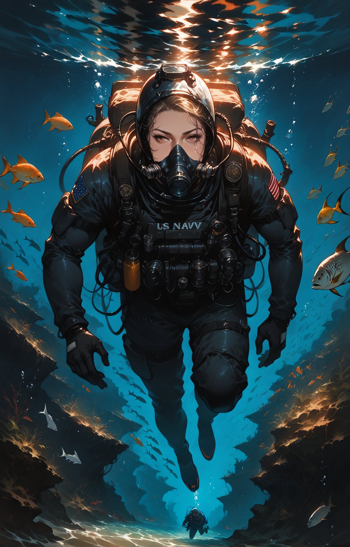 score_9, score_8_up, score_7_up, (Fidelity:1.2), (best quality, 4k, 8k, highres, masterpiece:1.2), ultra-detailed, (realistic), diving, 3divers, deep underwater, us navy, secret mission, group of military divers, military scuba diving suits, concept art, Best quality, Ultra High Resolution,l4rg33y3s,Expressiveh,dark theme