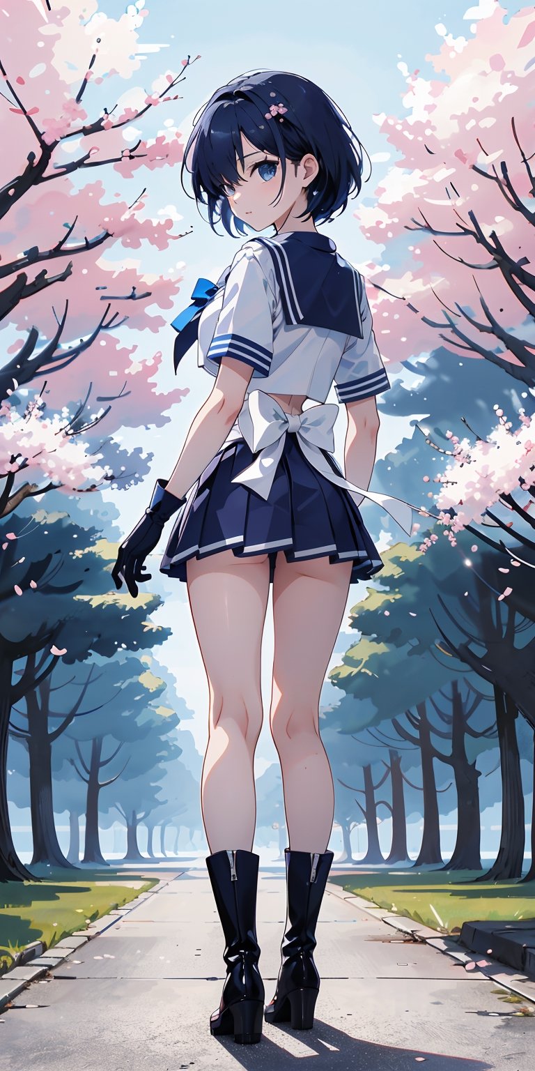 Best Quality,Masterpiece,21-year-old,1lady,mature face,bishoujo,at night,rich background,(cherry blossom trees),Sailor Mercury,tall girl:1.1,Sailor Warrior Suit, Blue hair, Her hair covered one eye,Blue eyes,Long latex gloves,Long leg:1.2,(Very tall girl),Smooth Legs,smooth thighs,Slender:1.2,Beautiful Legs:1.3,Thin leg,thin thigh:1.2,Standing:1.1((from back:1.1)),dynamic posture,Full Body Shot:1.2,White Solid Blue Skirt, blue collar,The chest apron is decorated with a light blue bow, Solid blue round jewelry in a bow on the chest,White 3 ring gloves,Half-heeled boots with blue and white edges, perfect,hand,glitter