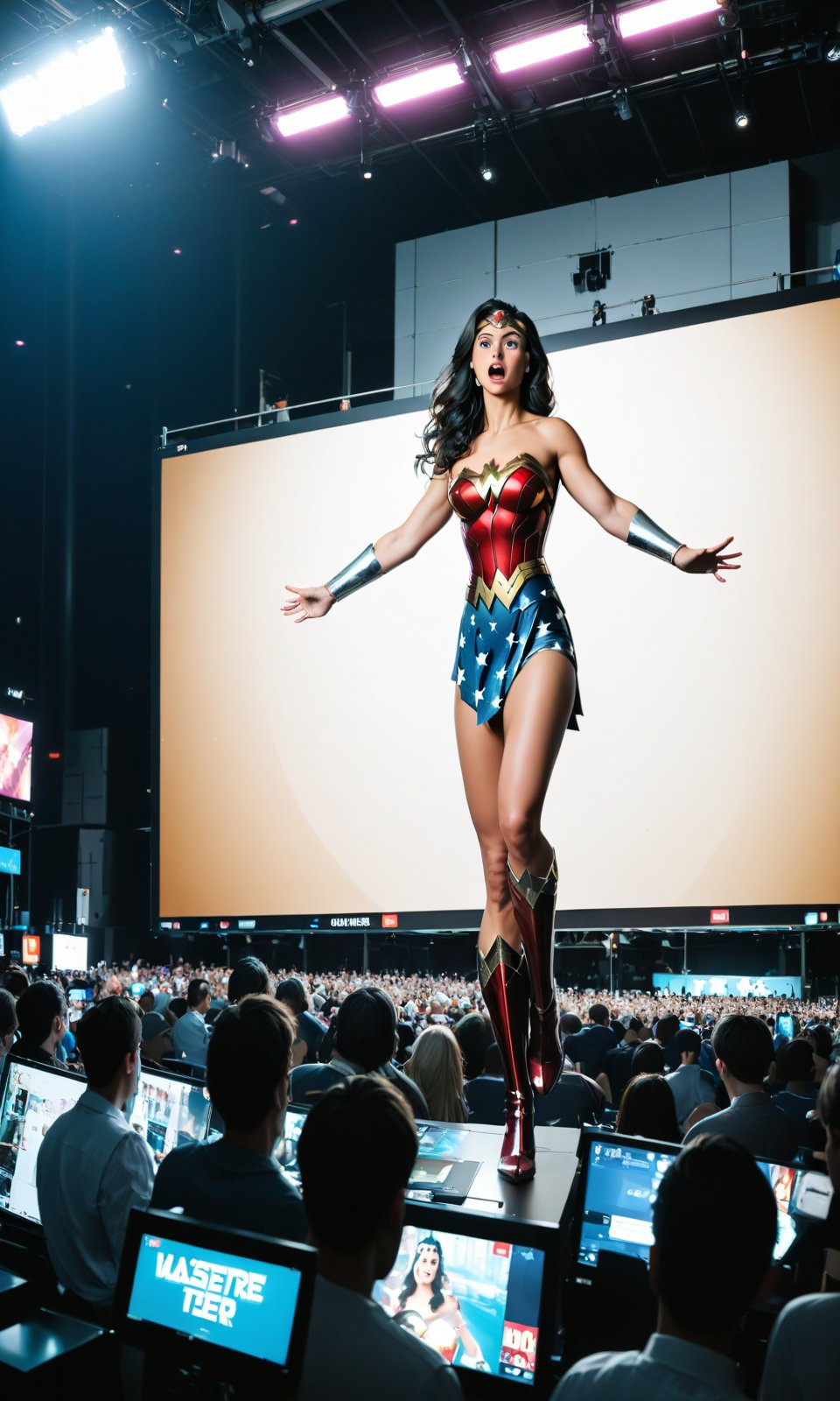 There is a massive oversized TV screen in the city. TV screen showing and playing blue eyed and muscular Wonder Woman making a conference call with shocked and surprised expressions. Many people are watching it below the screen. ((highest quality)), (8k, very detailed, full-length frame, high-detail RAW color art, masterpiece:1.2), (realistic and realistic photo:1.3), dramatic lighting rendering, dynamic angles, photon mapping, physics-based rendering, Absurd resolution, high resolution, (masterpiece: 1.4), super detail,score_9,score_8_up,score_7_up,score_6_up,nijisuper