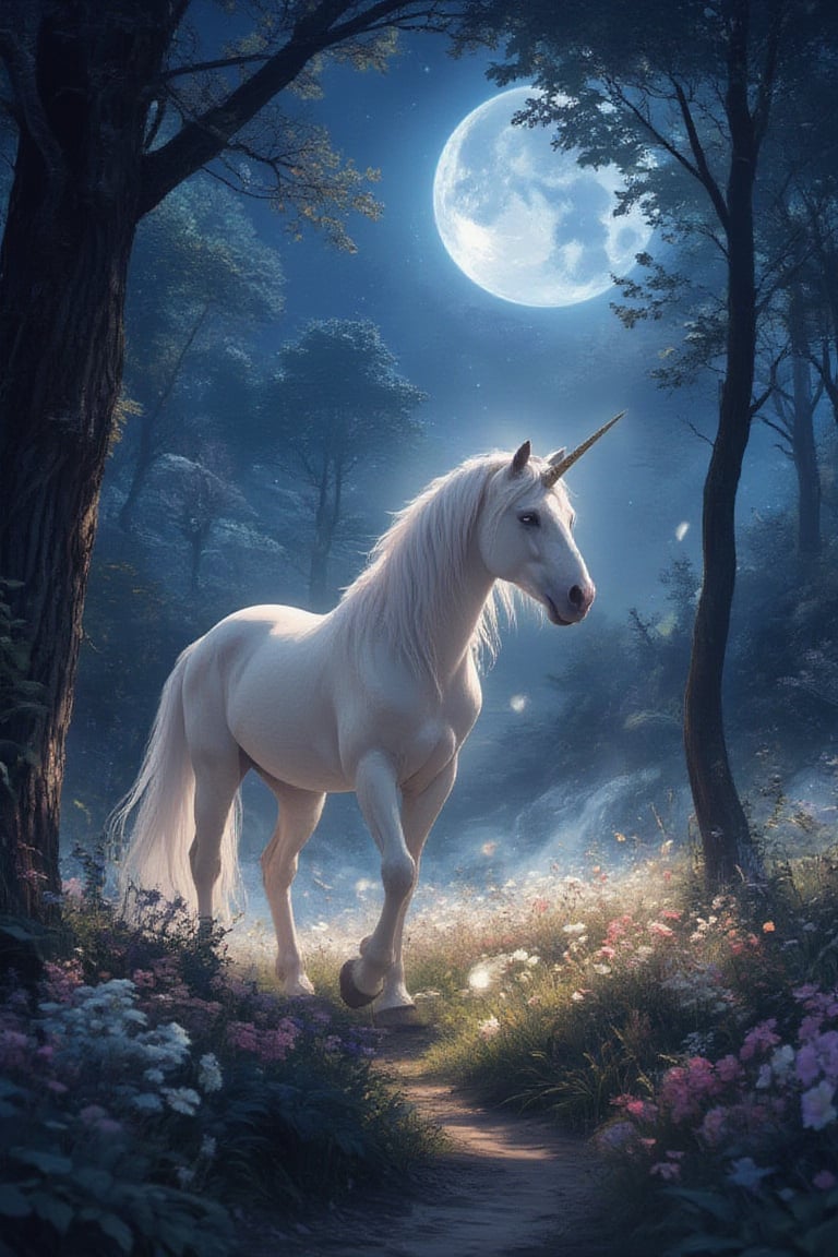 Masterpiece, professional, award-winning, intricate details, ultra high detailed, 64k, dramatic light, volumetric light, Enchanting, moonlit glade with a gentle unicorn and shimmering will-o'-the-wisps, realistic, magical, mystical creatures, idyllic, serene, ethereal, (mythical presence:1.4), wildflowers, moonbeams, ancient trees, soft glow, harmonious realm, tranquil beauty, 8k,ek_art_b00ster,anime,illustrated,