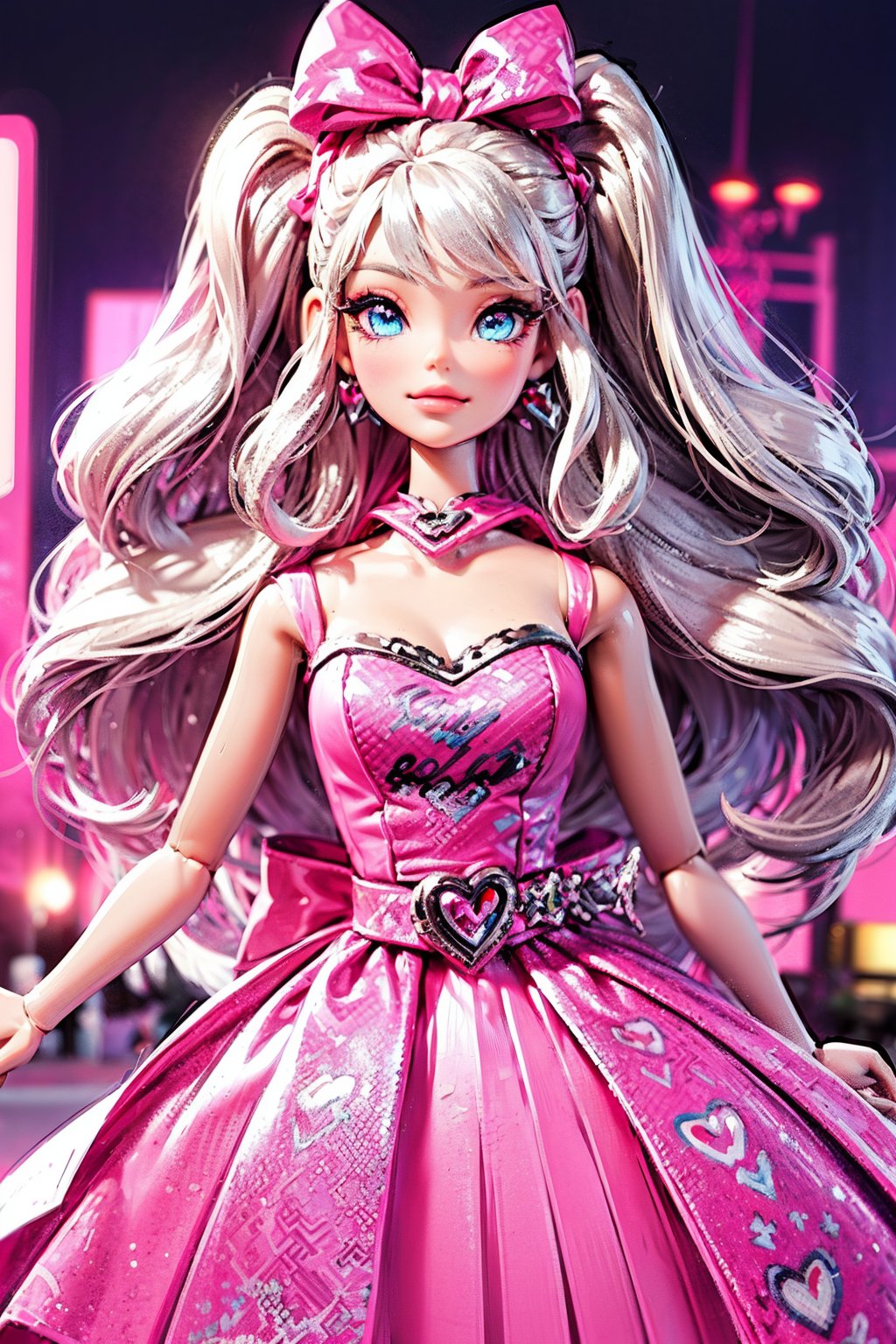 (masterpiece,best quality:1.2), 1girl, 3d render, blonde hair, middle length hair, blight blue eyes, (((wearing an ornately detailed hot pink and silver lace patterned Versace dress with gems and sequins and stylized mandelbrot patterns))), pink sparkles, sprinkles, barbie pink color theme, barbie dolls house and city background, convertible pink cadillac parked on street, depth of field, daytime, ,3DMM,barbie