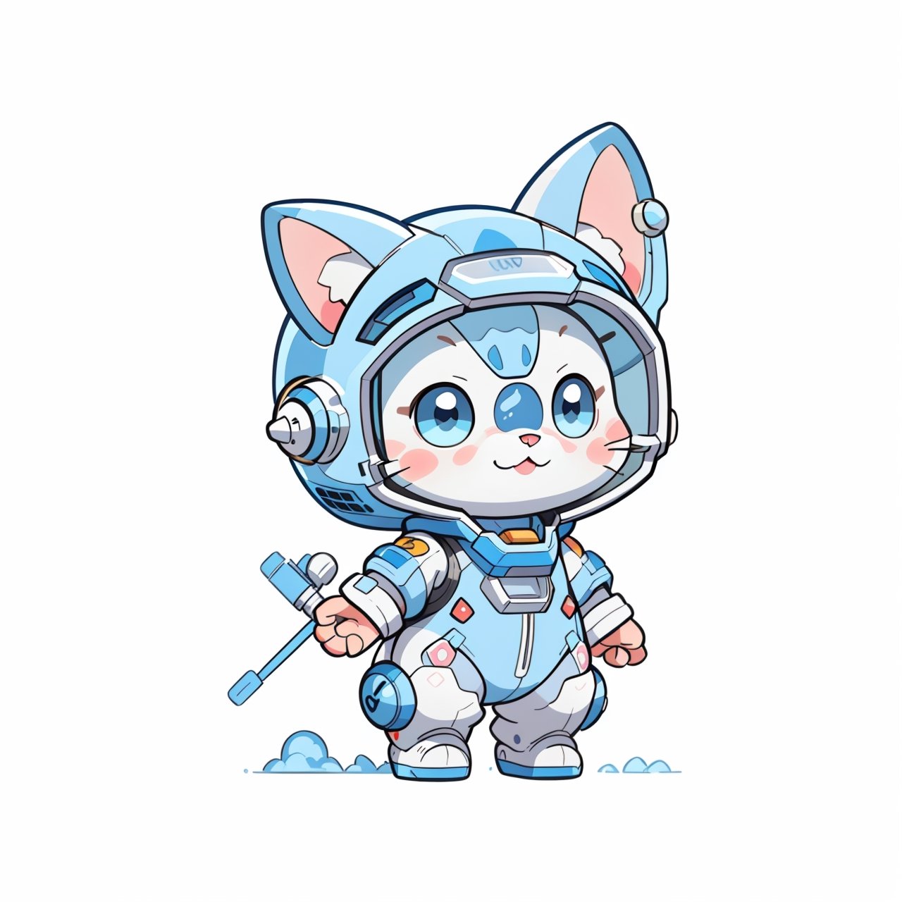 cartoon silver tabby cat in a blue spacesuit, blue Helmet, centered, full body, no_humans, Depth of field, ((empty background)), ((whitebackground)), (kawaii:1.3), (anime:1.4), cute, round eyes, (8K, RAW photo, Best quality, masterpiece:1.2),  Logo, vector, Line graphics, design, inspiration, straight line, symmetry