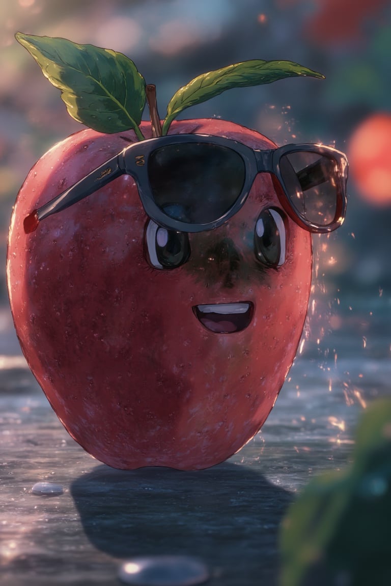 Masterpiece, professional, award-winning, intricate details, ultra high detailed, 64k, dramatic light, volumetric light, dynamic lighting, animation style, very cute appealing anthropomorphic apple wearing a cap and sunglasses, looking at the viewer, big grin, happy, fruit, droplets, macro, sunlight, fantasy art, dynamic composition, dramatic lighting, epic realistic, award winning illustration, vivid, vibrant, unreal engine, concept art,