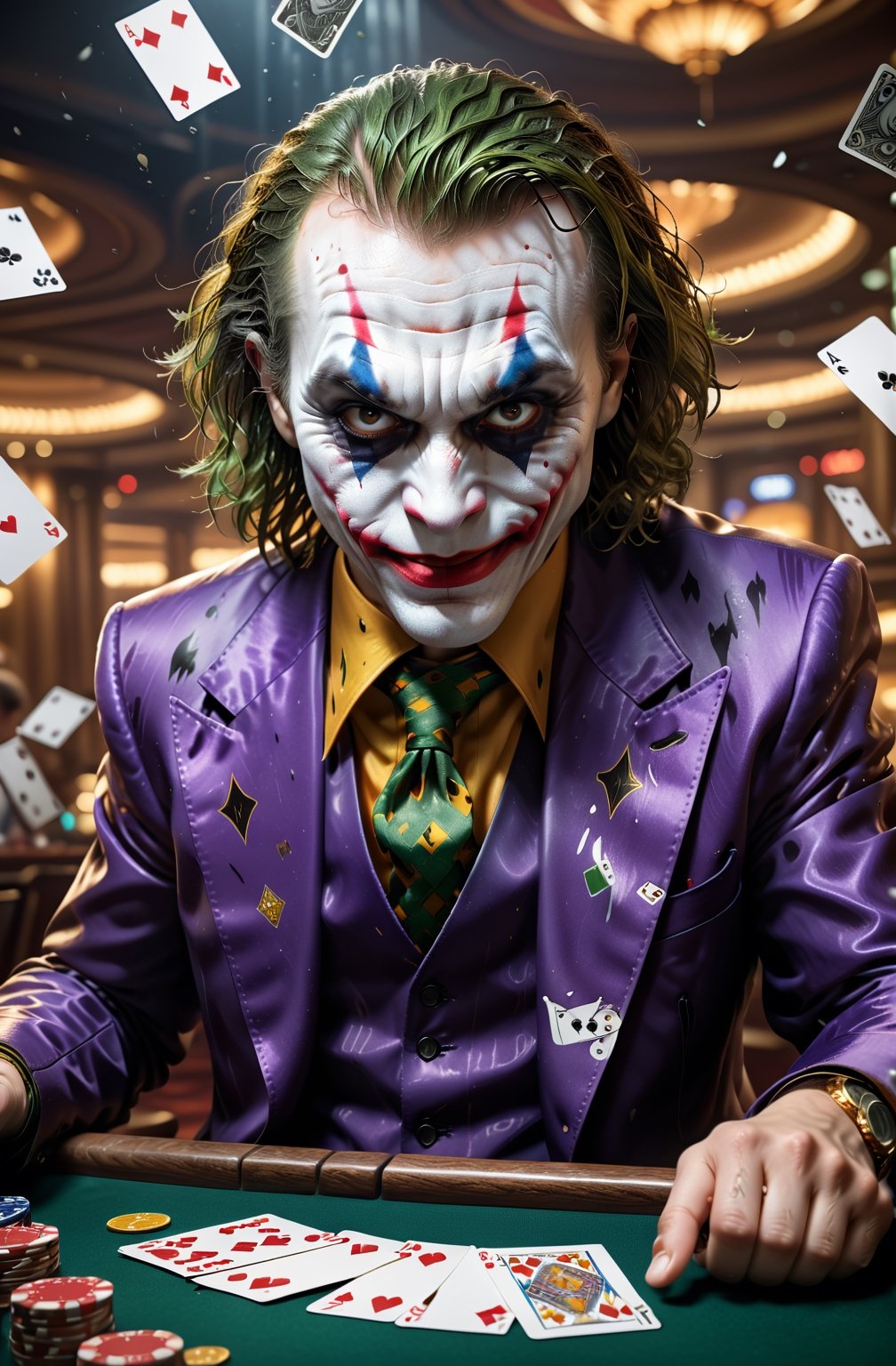 (best quality, 4k, 8k, highres, masterpiece:1.2), ultra-detailed, (realistic, photorealistic, photo-realistic:1.37), Joker, card, splash playing lots of cards background, at casino, wearing death metal band look, card, dollars, coins, Gotham,