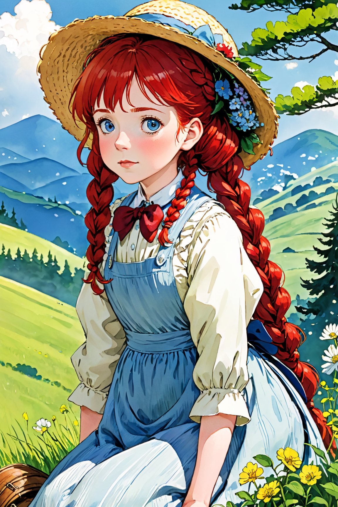 (masterpiece, best quality),from side, 1girl, solo, After searching for hours, They find a Anne (Green Gables)), Red-haired girl, With a wide-brim straw hat, two long red braids, Curious big eyes, Innocent, Joyful look, wear a floral pioneer dress with an apron,sitting on a branch sticking out of a hill,Anime,Enhanced All,ghibli,illustrator,sticker design