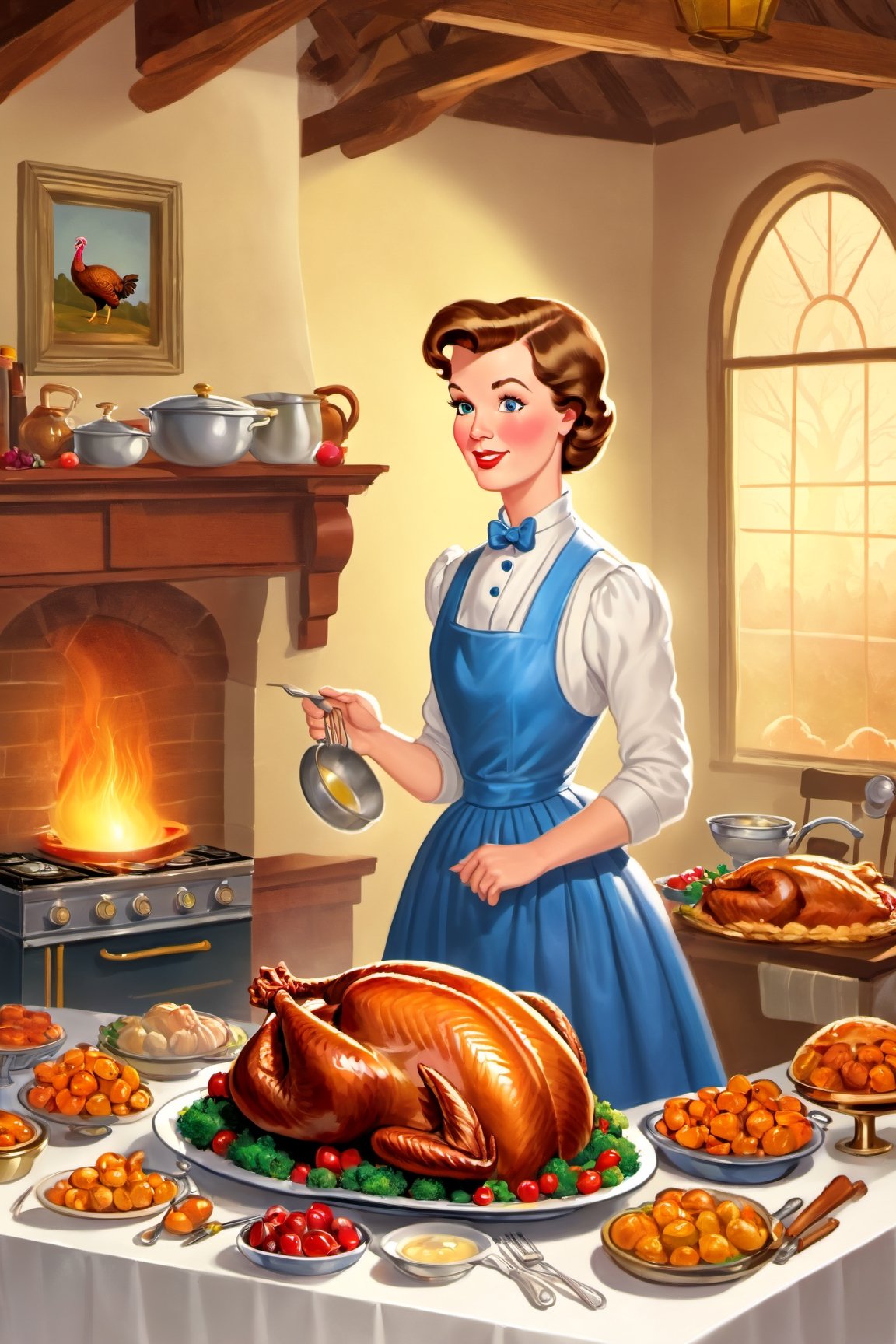 (masterpiece)), (((best quality))), ((ultra-detailed)), a woman standing in front of a table with a cooked turkey on it, a storybook illustration by Mary Davis, 
Lady Davis, pixabay contest winner, synthetism, storybook illustration, flat shading, flickering light,Story book ,Retro art