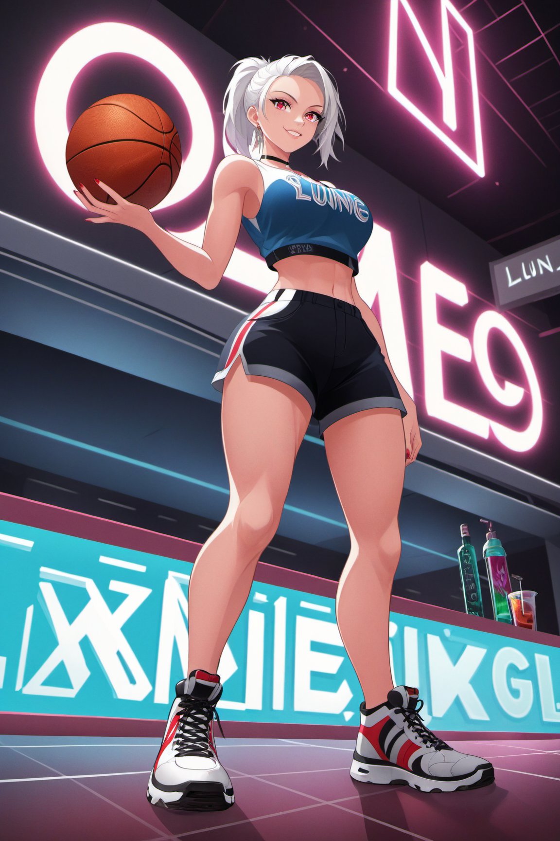 (Best quality, ultra detailed, masterpiece),  8k, super detailed, ((beautiful detailed)))1girl, hip pop clothes, Red basketball shoes, low angle shot, low angle, ground-level shot, full body, full body shot, lunge, nightclub, laser beam(Dynamic feeling:1.4),(concept art style:1.4), neon, neon sign, glowing,32k, octane render,neon style,simple background