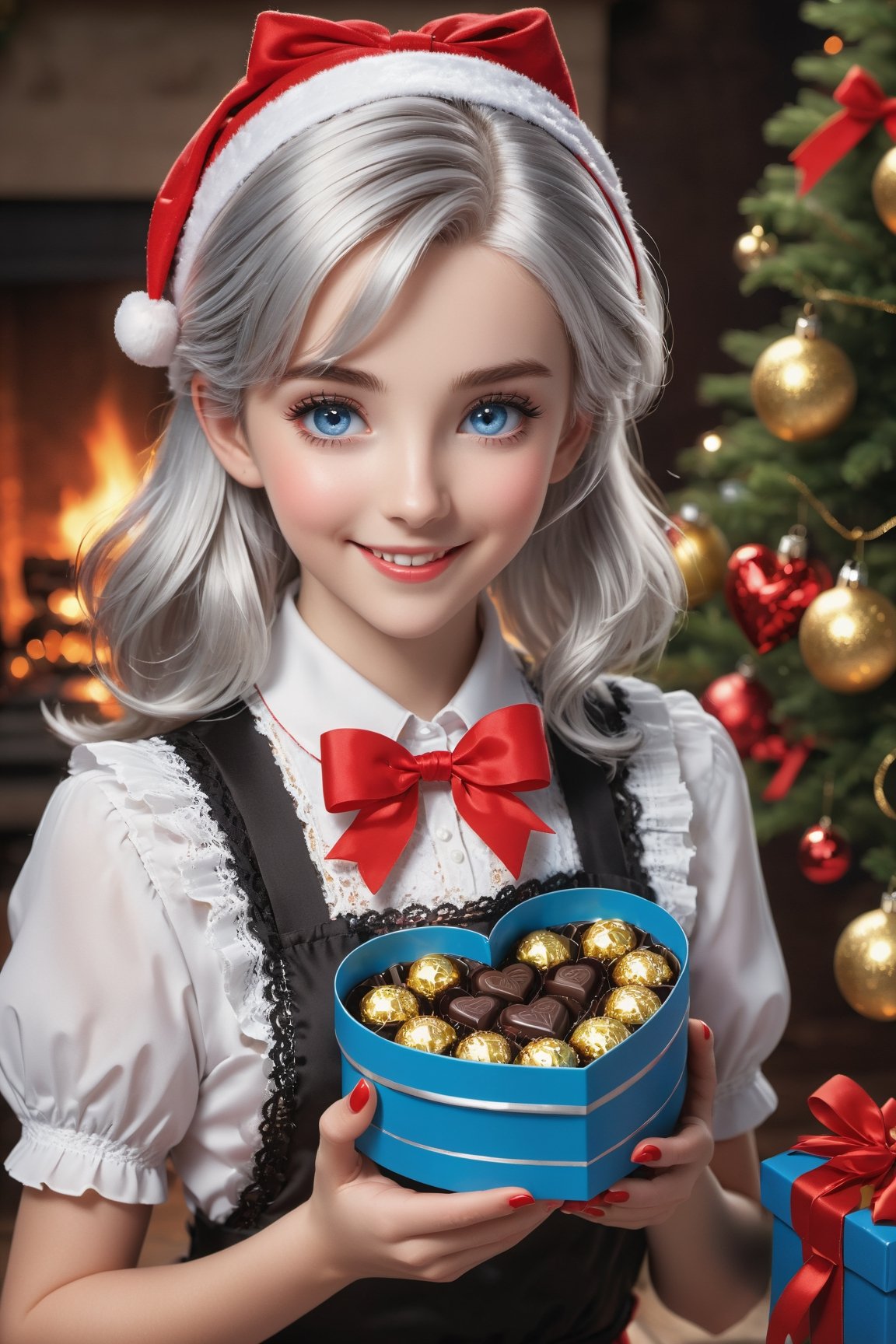 Girl with silver hair and blue eyes, holding with both hands a box of chocolates in the shape of a heart, offering gift with both hands, shy look, blushing, dressed in a red apron and white blouse with lace and black count, red headband, white thigh stockings, Realistic portrait, Amazing face and eyes, (Best Quality:1.4), (Ultra-detailed), (extremely detailed CG unified 8k wallpaper), Highly detailed, Christmas night, surrounded by warm light, smiling happily, fireplace, Christmas, Christmas Ornaments, Christmas tree, the happiest time, highest image quality, highest resolution, depth of field,