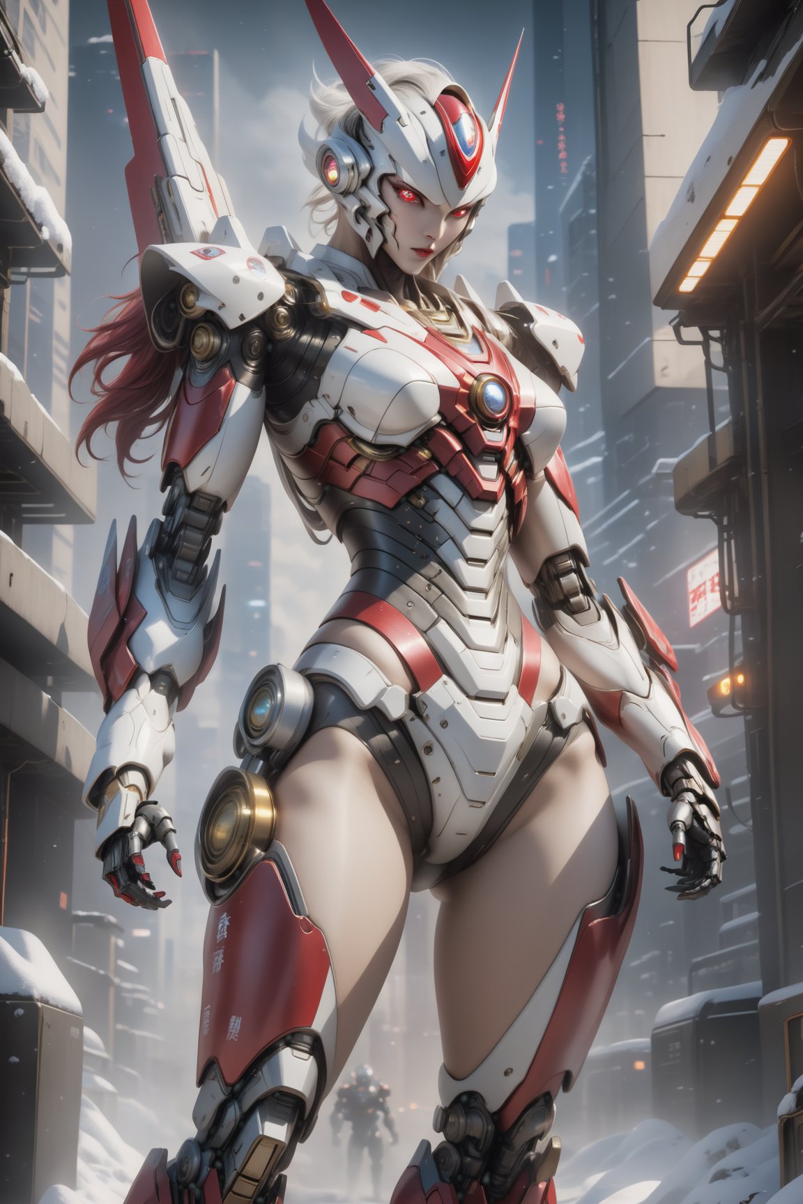 masterpiece, top-quality, high resolution、cyberpunked, Real with creativity, White and red metal body, Slender woman, Beast Woman, Ultraman, snow-white body, (Stance:1.1), Biomechanics, Megacities of the future, Dramatic Lighting, Beam rifle in hand, mecha,Lady police ,cyberpunk style