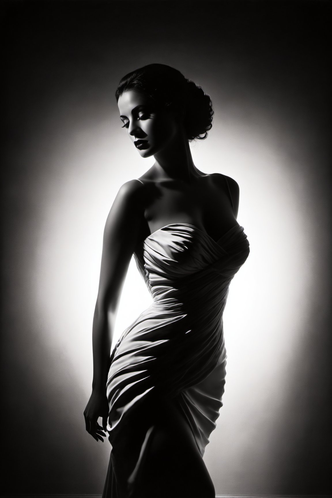 (best quality, 4k, 8k, highres, masterpiece:1.2), ultra-detailed, black and white, shadowy figure, graceful pose, feminine allure, (mysterious,alluring:1.3), eyes and lips, sleek curves, ravishing beauty, artistic expression, dramatic lighting, contrast, subtle details, implied sensuality, twisted silhouette, dark elegance, mood, fluid lines, high contrast, fine art, monochome, contemporary, sophisticated, innovative, silhouette, visual poetry, creative composition, striking visual impact, unique Masterpiece, (masterpiece:1.2), (best quality:1.2), ai-generated, ultra-detailed, best shadow, detailed background, high contrast, (best illumination, an extremely delicate and beautiful), ((cinematic light)), hyper detail, dramatic light, intricate details, 8k, very aesthetic,monochrome,halsman