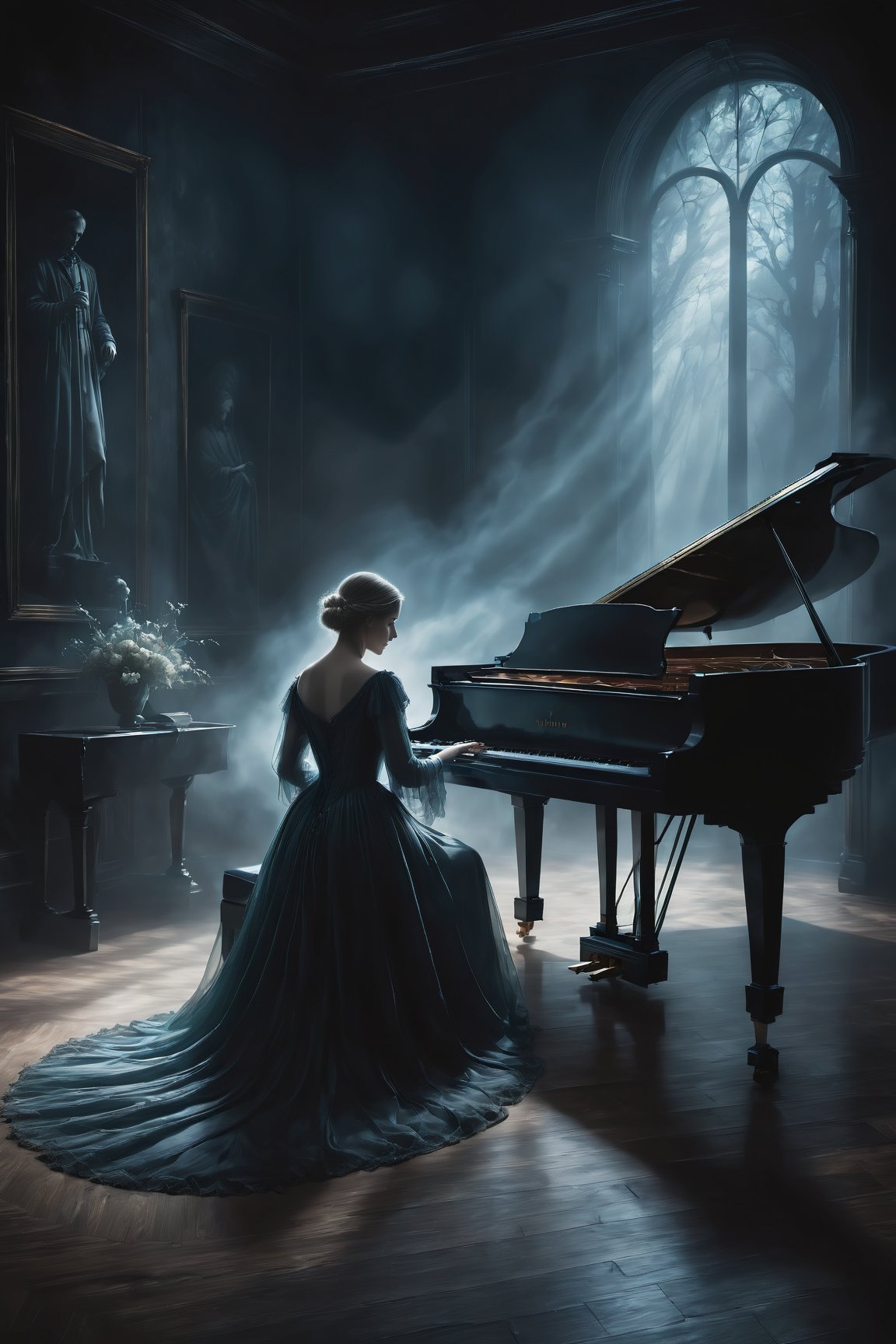 a haunting and ethereal digital painting of a ghostly figure playing a melancholic melody on a grand piano, surrounded by an enchanted audience entranced by the music, oblivious to the dark and eerie surroundings. The ghostly figure is partially transparent, emitting a soft glow, with flowing ethereal robes. The grand piano is intricately detailed, with delicate looks and a weathered appearance. The composition is dynamic and atmospheric, with muted colors and dramatic lighting, evoking a sense of mystery and foreboding. Inspired by the works of classical painters like Caspar David Friedrich, this artwork captures the captivating and haunting nature of the scene. Created using digital painting techniques and rendered with realistic textures and lighting effects for a stunning and immersive visual experience.