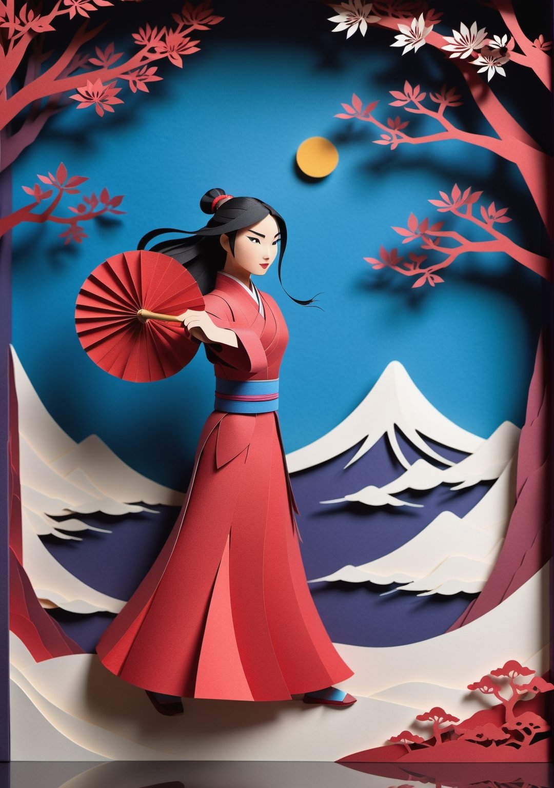 A mesmerizing paper-cut animation of the iconic tale of Mulan comes to life on the screen. Every delicate detail meticulously crafted out of paper unfolds before your eyes, showcasing the determined spirit of Mulan. The intricate paper scenes blend vibrant colors with the ancient art of papercutting, capturing Mulan's courage and determination as she goes against societal expectations to protect her family and honor. This enchanting animation captivates viewers with its exquisite precision and awe-inspiring artistry, immersing them in the compelling story of Mulan's heroic journey. (((Paper cutting art style))), high detail, high quality, high resolution, dramatically captivating, detailmaster2,Movie Still