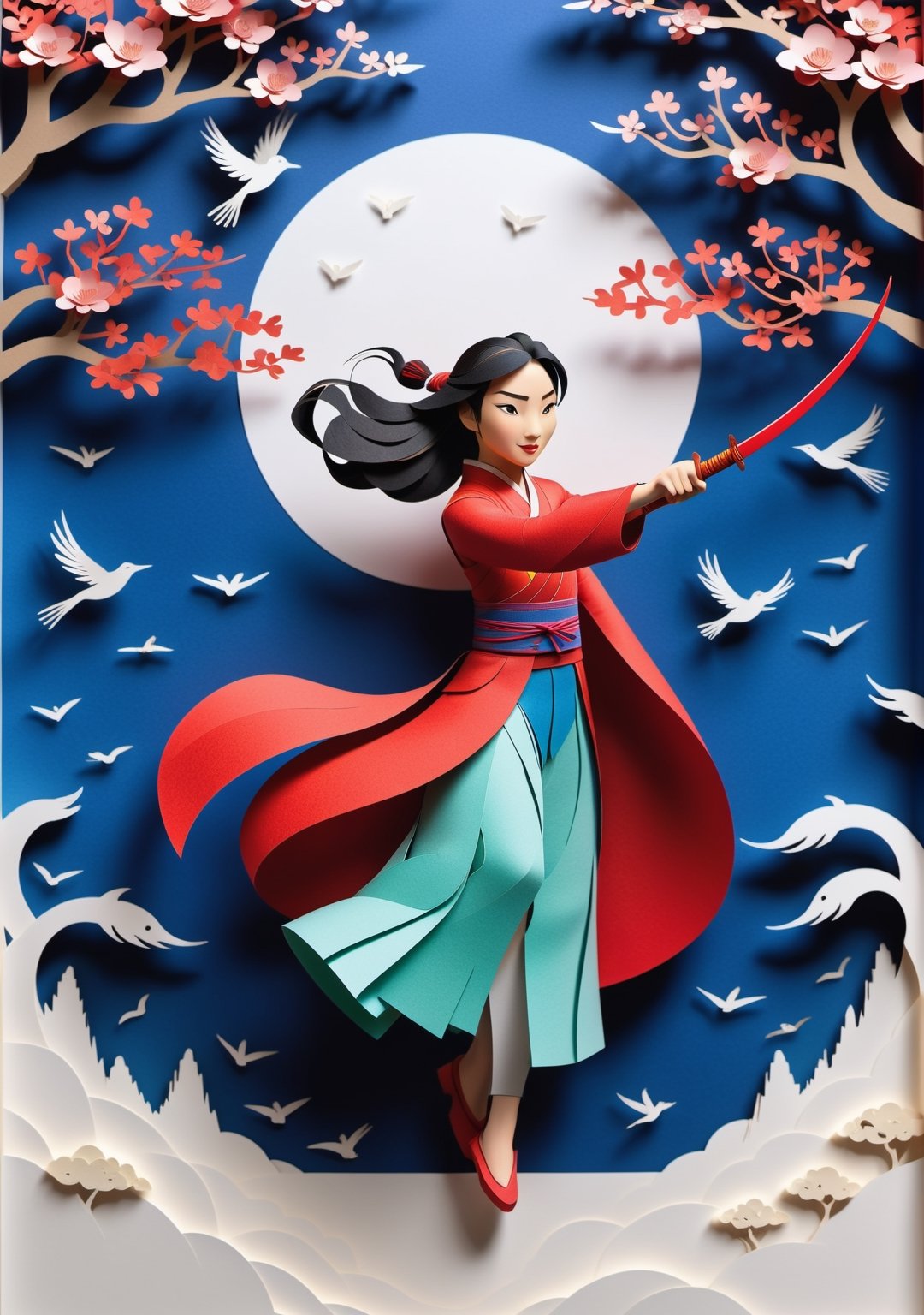 A mesmerizing paper-cut animation of the iconic tale of Mulan comes to life on the screen. Every delicate detail meticulously crafted out of paper unfolds before your eyes, showcasing the determined spirit of Mulan. The intricate paper scenes blend vibrant colors with the ancient art of papercutting, capturing Mulan's courage and determination as she goes against societal expectations to protect her family and honor. This enchanting animation captivates viewers with its exquisite precision and awe-inspiring artistry, immersing them in the compelling story of Mulan's heroic journey. (((Paper cutting art style))), high detail, high quality, high resolution, dramatically captivating, detailmaster2,Movie Still