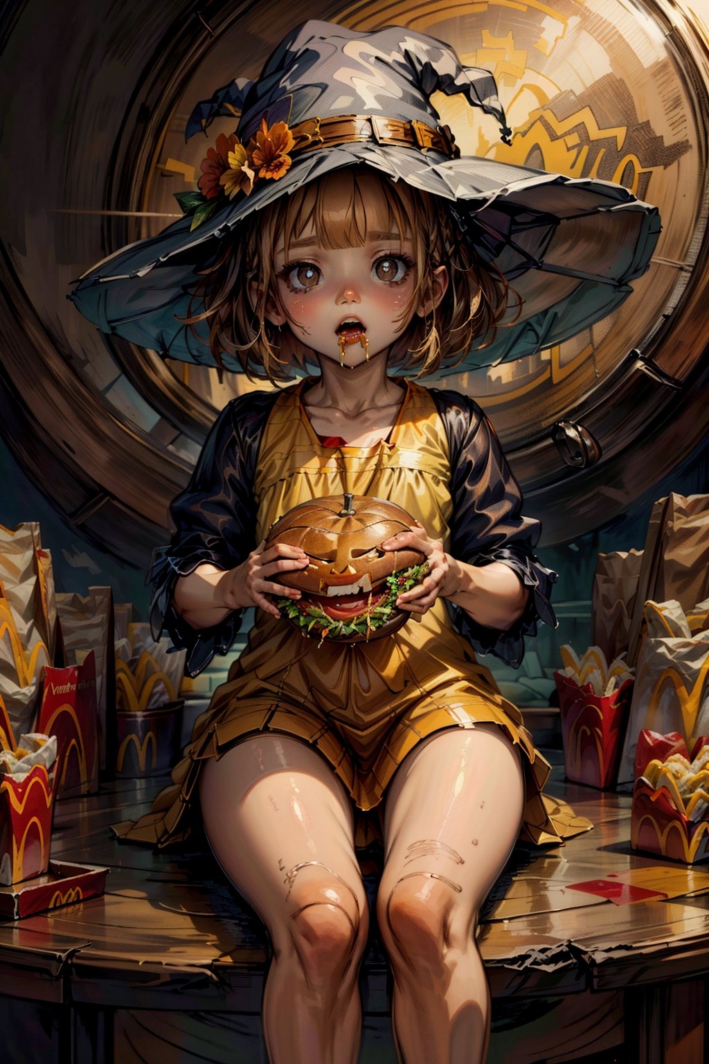 1girl, twin_Braids,A dark-haired, Little Girl, 10Yes Old, The upper part of the body, Simple Orange Witch Big Hat and Orange Gown, eating at Hamburger shop, Watching the viewer, delicate detail, 32K Digital Paint, hyper-realism, (abstract background:1.3), (florals:1.2), (pumpkin:1), (Halloween:1.1), Two-side-up, mouth_open, The upper part of the body, bangs, ultra-definition, in 8K, Elaborate down to the smallest detail, ultra-fine, Chibi, Extremely detailed,leonardo,more detail