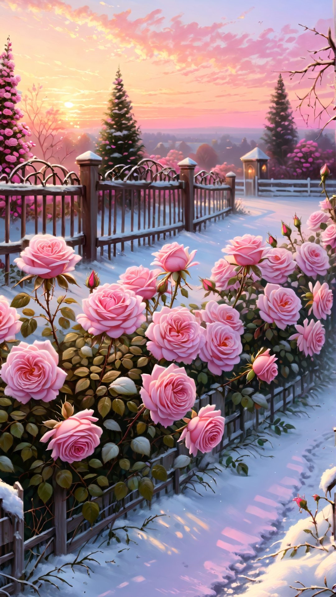 masterpiece, best quality, [detailed], [intricate], digital painting, Pink roses grow in the snow near the fence, roses in cinematic light, Beautiful and aesthetic, with soft bushes, beautiful aesthetic, Rose garden, pink golden hour, rosette, rosses, with soft pink colors, beutifull, at gentle dawn pink light, beautiful flowers growing, floral sunset, beautiful morning, Pink flowers, light pink tonalities, Beautiful flowers