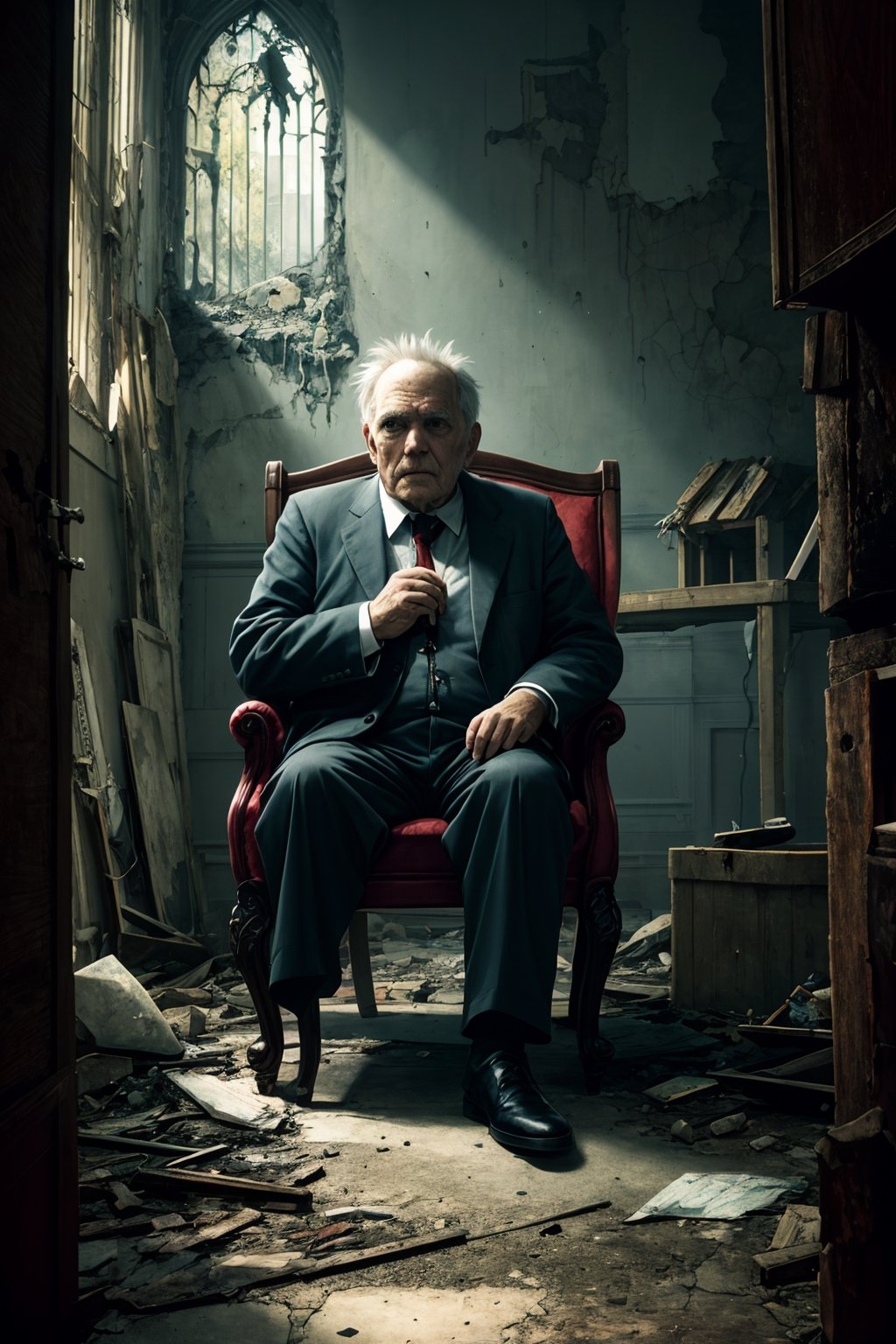 ruin, ghost, psychic photo, old man in a chair, complex horror background, intricate details, art, closeup, painting, detail, cartoon, movie shot, fantasy, low saturation, vignette, [HDR], dark, dark, creepy, monotone,