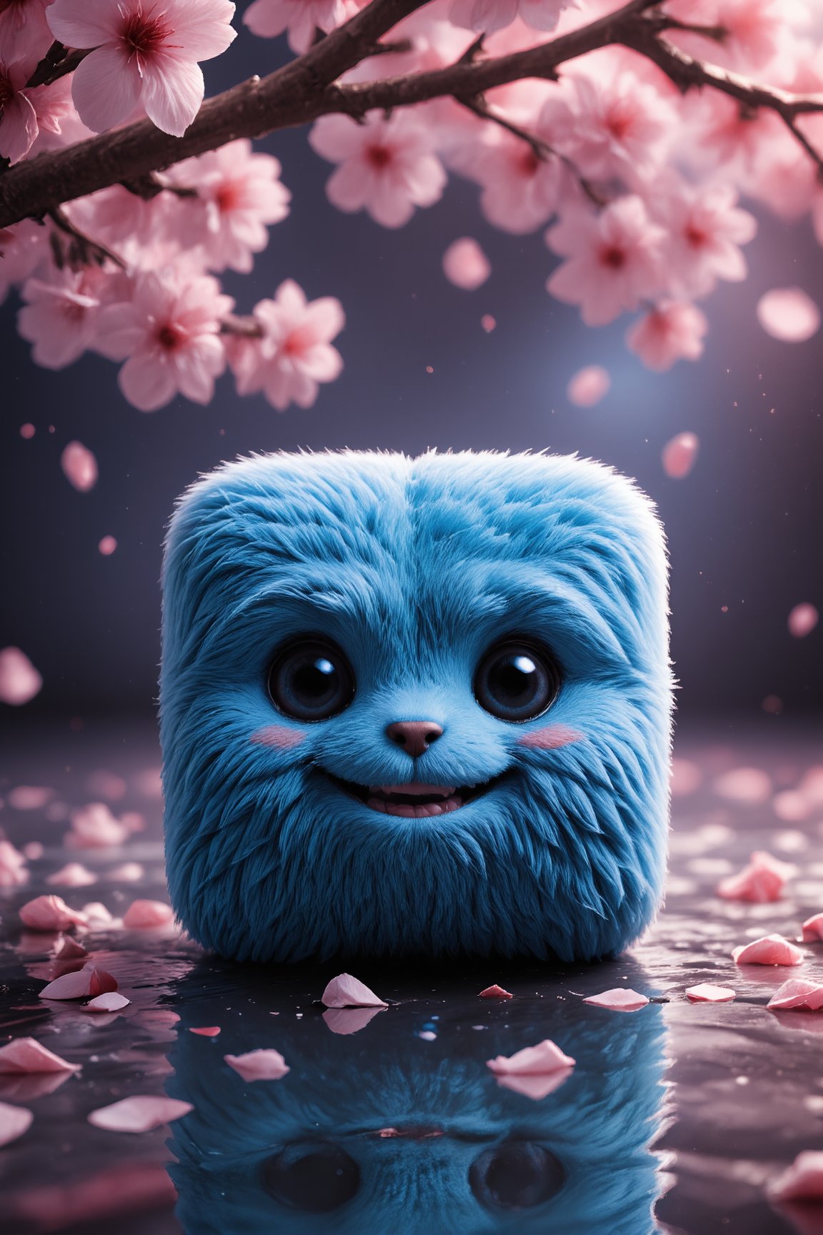 Masterpiece, professional, award-winning, intricate details, ultra high detailed, 64k, dramatic light, volumetric light, Cute TenTen blue cube mascot with lustful smirking smile face, looking at viewer, sitting on the surface of the water, with realistic cherry blossom effects. high quality, realistic lighting, professional photos, very detailed and sharp focus, crazy details, intricate details, very detailed and bright cinema lighting, surrounded by cherry blossom petals flying gently around tenten, Anime, 3D CGI, Pixar Art