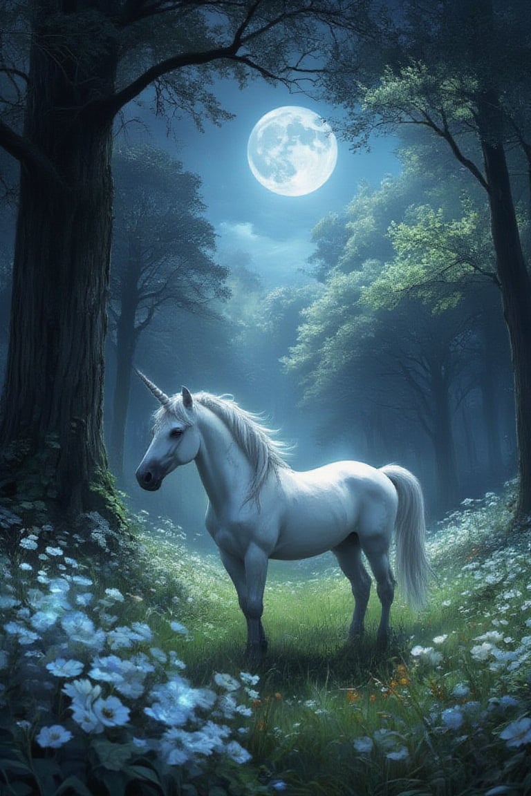 Masterpiece, professional, award-winning, intricate details, ultra high detailed, 64k, dramatic light, volumetric light, Enchanting, moonlit glade with a gentle unicorn and shimmering will-o'-the-wisps, realistic, magical, mystical creatures, idyllic, serene, ethereal, (mythical presence:1.4), wildflowers, moonbeams, ancient trees, soft glow, harmonious realm, tranquil beauty, 8k,ek_art_b00ster,anime,illustrated,