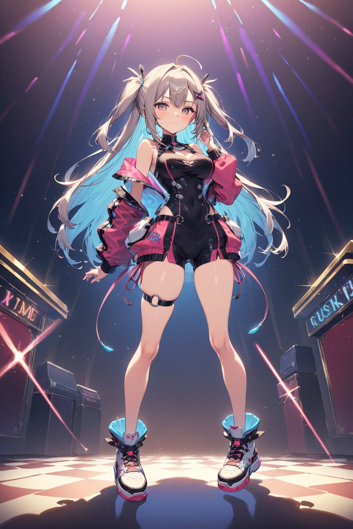 (Best quality, ultra detailed, masterpiece),  8k, super detailed, ((beautiful detailed)))1girl, hip pop clothes, Red basketball shoes, low angle shot, low angle, ground-level shot, full body, full body shot, lunge, nightclub, laser beam(Dynamic feeling:1.4),(concept art style:1.4), neon, neon sign, glowing,32k, octane render,neon style,simple background