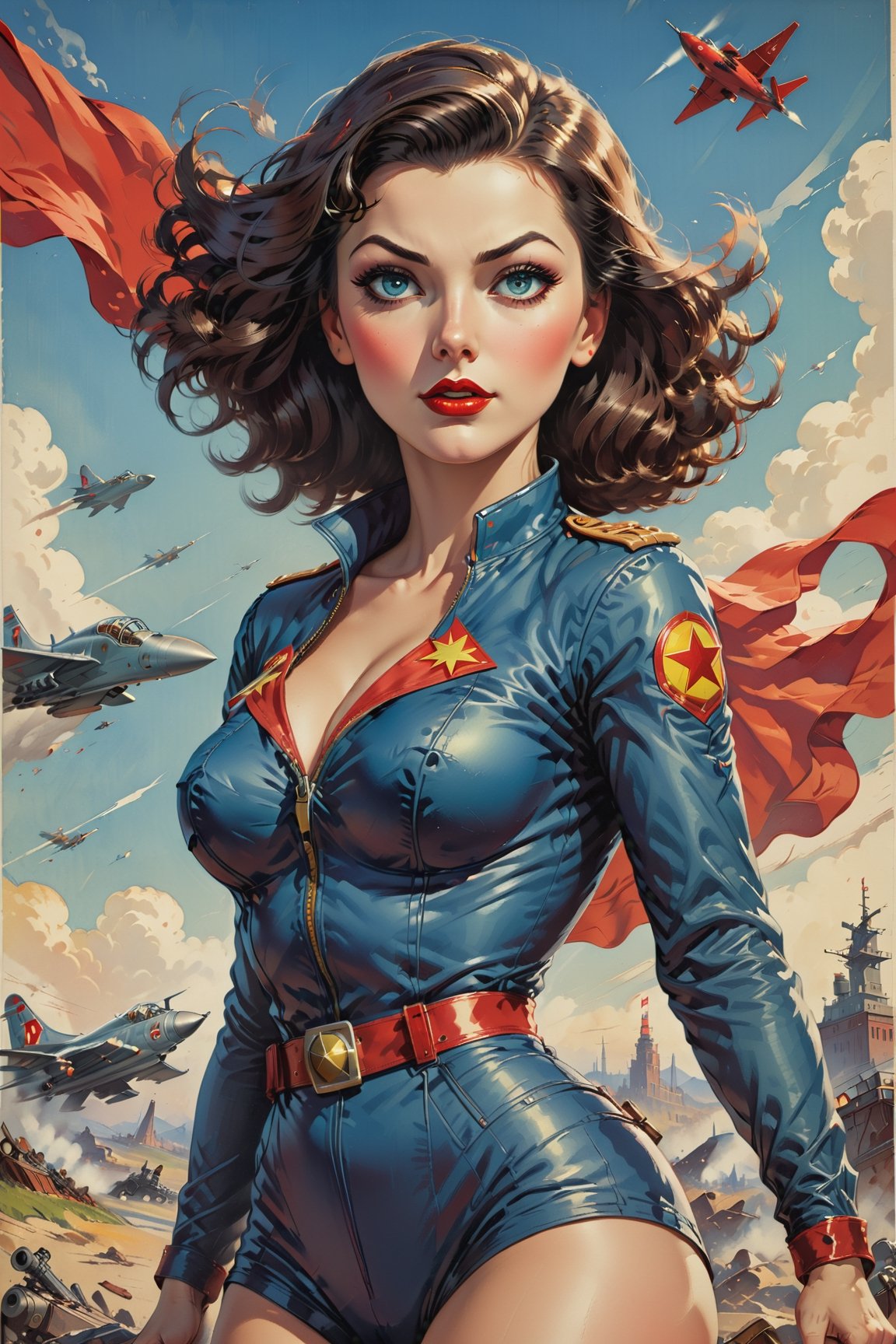 American World War II poster, Gil Elvgren style ((CCCP poster, Soviet poster)) (a medium-sized dark-haired woman with superhero outfit) Poster propaganda, poster, blue sky with fighter jet, hero uniform, 1girl, solo, good body, poster design, poster art style. 1980s, 1950s, 1960s, 1940s, basic color scheme, very colorful poster, colorful art, third rule, inspiring, woman, 1 mature girl, hair blowing in the wind, looking at the viewer, revolutionary, red and blue square background, thick legs, green eyes,Comic Book-Style 2d,
