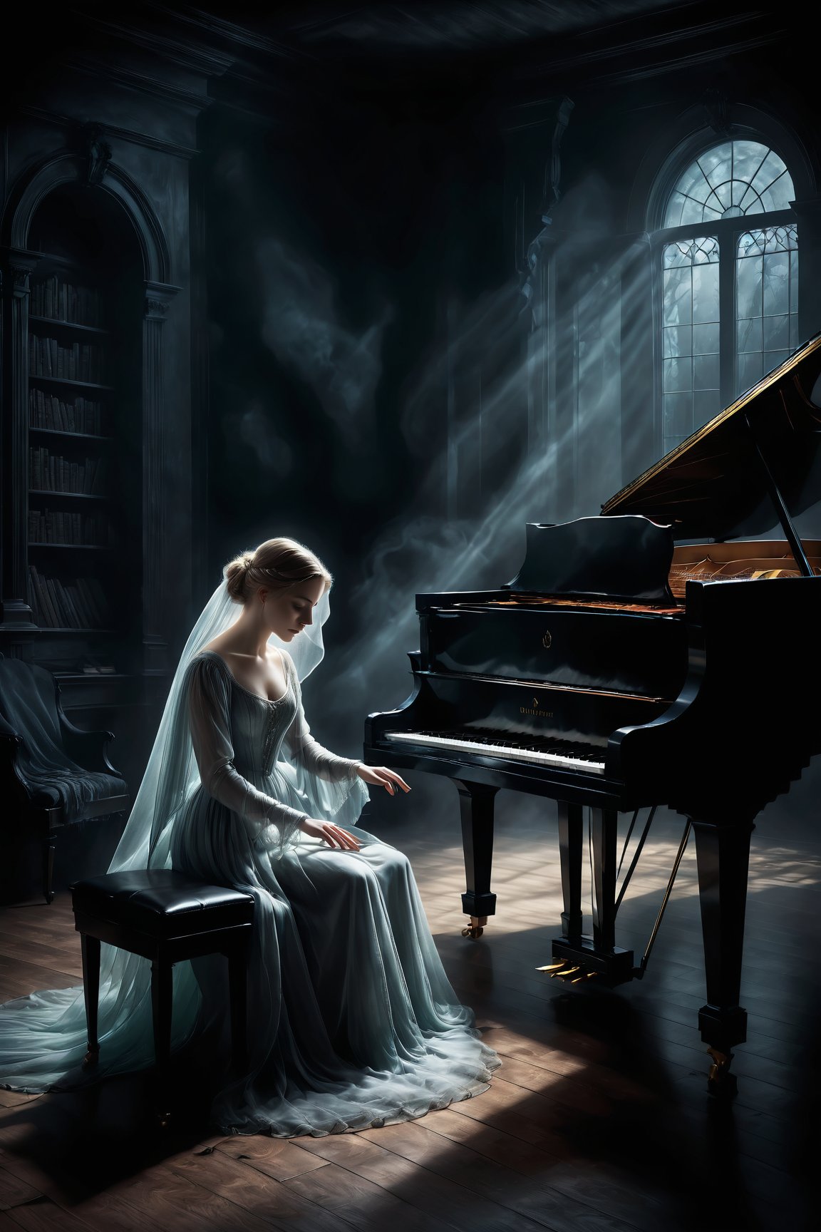 a haunting and ethereal digital painting of a ghostly figure playing a melancholic melody on a grand piano, surrounded by an enchanted audience entranced by the music, oblivious to the dark and eerie surroundings. The ghostly figure is partially transparent, emitting a soft glow, with flowing ethereal robes. The grand piano is intricately detailed, with delicate looks and a weathered appearance. The composition is dynamic and atmospheric, with muted colors and dramatic lighting, evoking a sense of mystery and foreboding. Inspired by the works of classical painters like Caspar David Friedrich, this artwork captures the captivating and haunting nature of the scene. Created using digital painting techniques and rendered with realistic textures and lighting effects for a stunning and immersive visual experience.