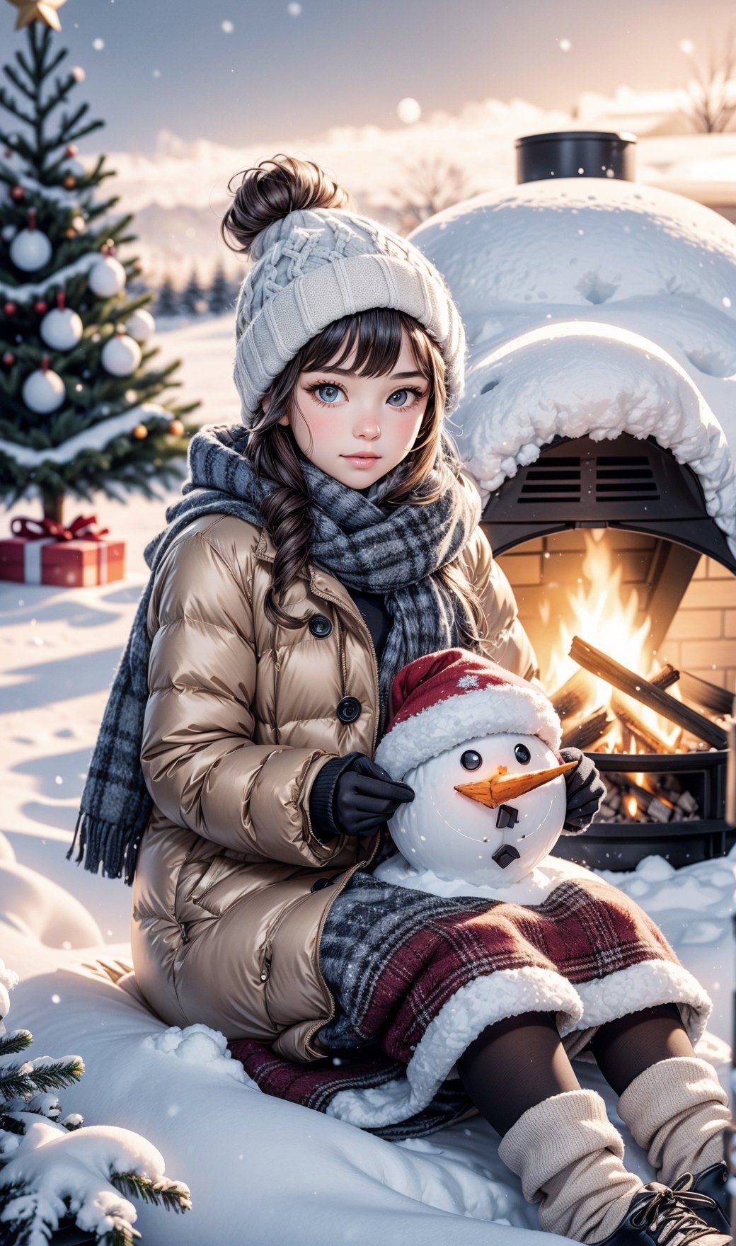 1 girl, snow, winter outfit, bonfire, sitting, tent, christmas tree, Christmas theme, cold, snowman, sunset, illustration,