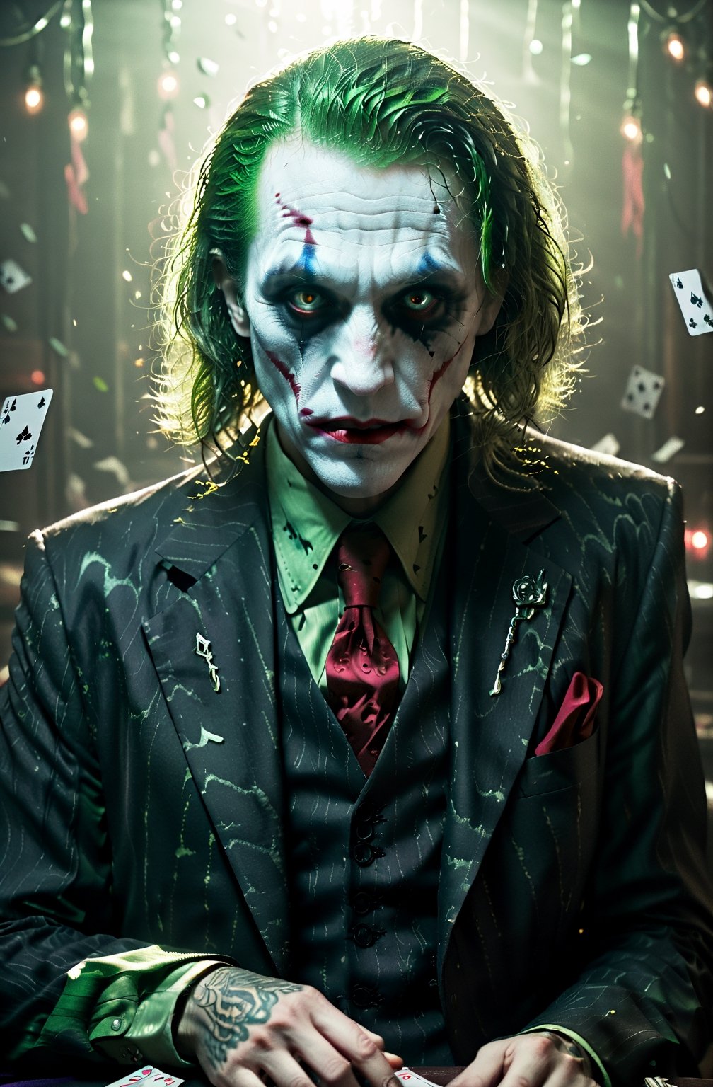 upper body image of joker,HP.lovecraft style,black and white,menacing atmosphere,bizarre expressions,emerald eyes,fangs,bloody red lips,disheveled green hair,distorted face details,long nose,ragged purple suit,tattered playing cards in the background,dark and eerie lighting,horror portrait,vivid contrast,HDR,high-res details,fear-inducing presence,otherworldly elements